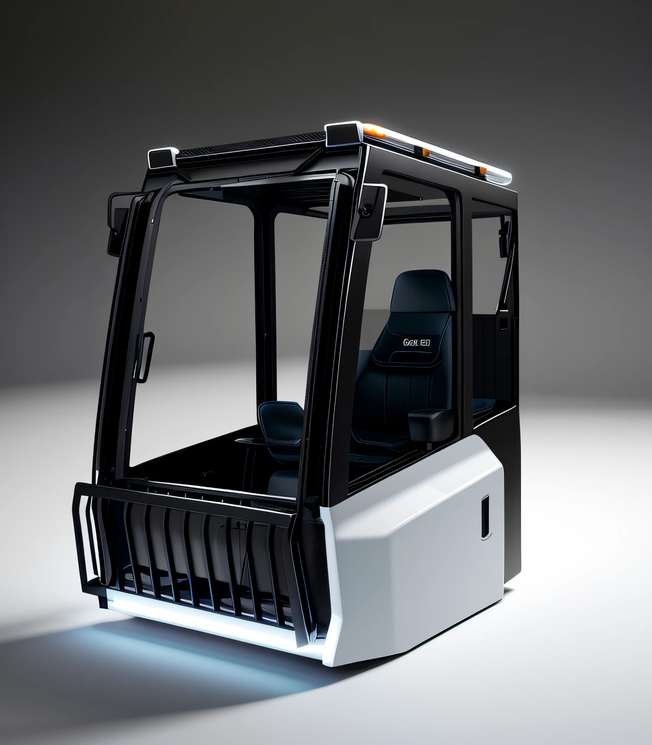 Forklift cab close-up with leather seats, industrial design concept product, behance style, minimalism, realistic rendering, front protective net, black plastic casing with white plastic casing, front facing, high resolution rendering, industrial design concept, 2 0 1 8, front view, 2018, illuminated cockpit, high resolution scanning, high resolution scanning