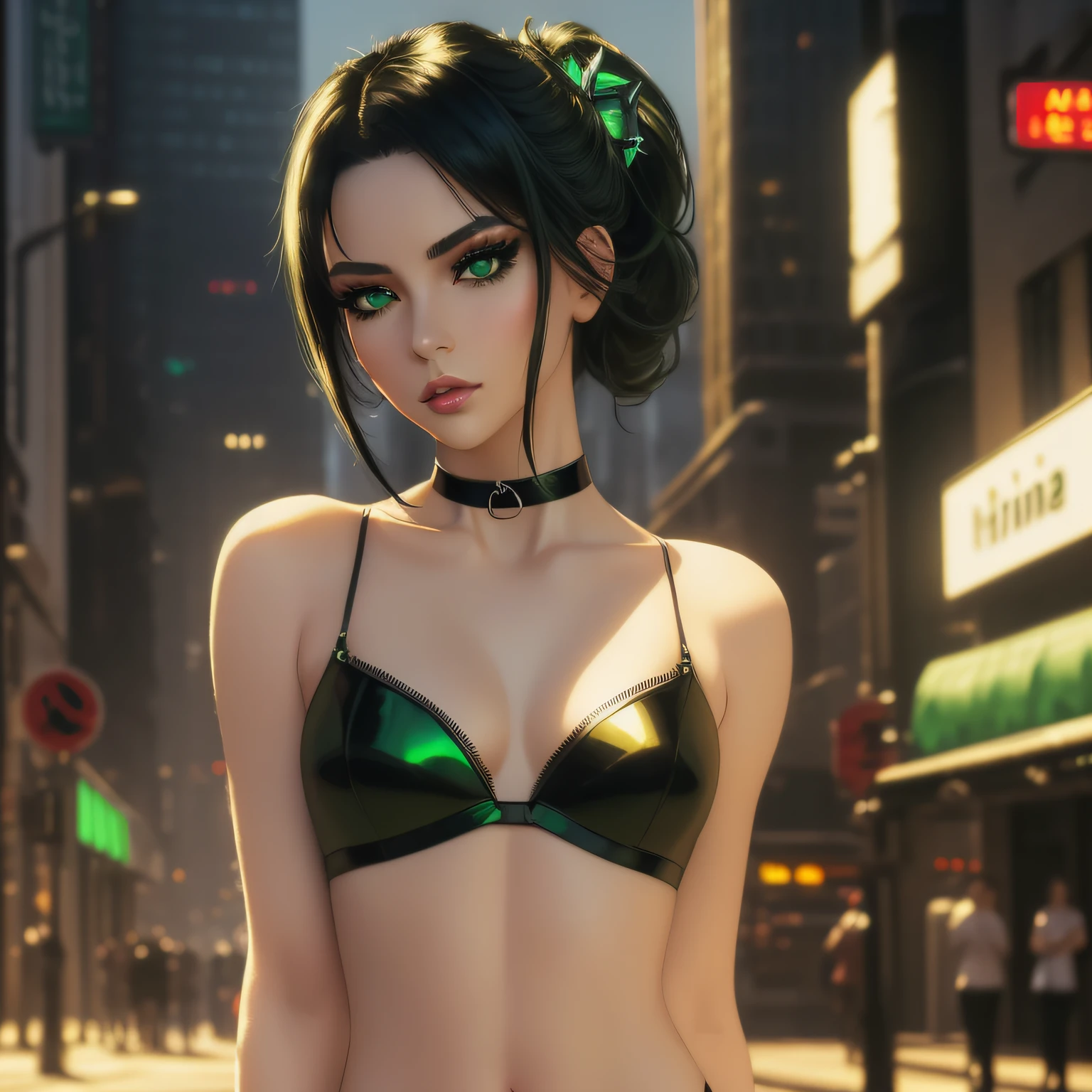 "(masterpiece, best quality, 8k, sharp focus, depth of field, best shadows, perfect lights, HDR, realistic skin texture, ultra-detailed, detailed background)", Anime style, 1 woman, (green eyes, white skin, black hair with tiwntails, choker, small breasts, slim, makeup, Eyeliner, gloss) in very lewd poses in a cyberpunk cityscape.