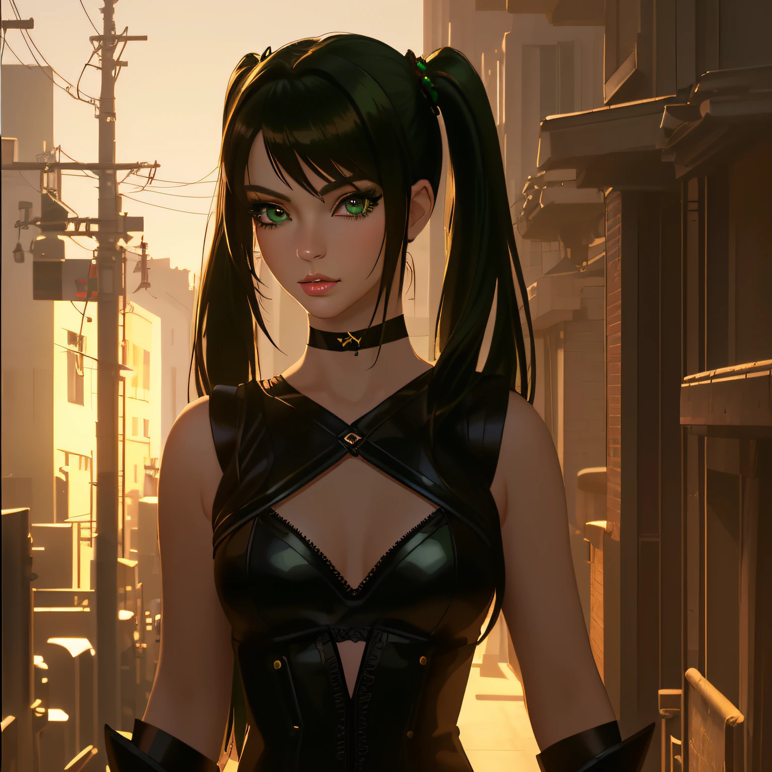 "(masterpiece, best quality, 8k, sharp focus, depth of field, best shadows, perfect lights, HDR, realistic skin texture, ultra-detailed background, detailed)", anime style, 1 woman, (green eyes, white skin, black hair with twintails, choker, small breasts, slim, makeup, eyeliner, glow) in very lewd poses in a cyberpunk cityscape.