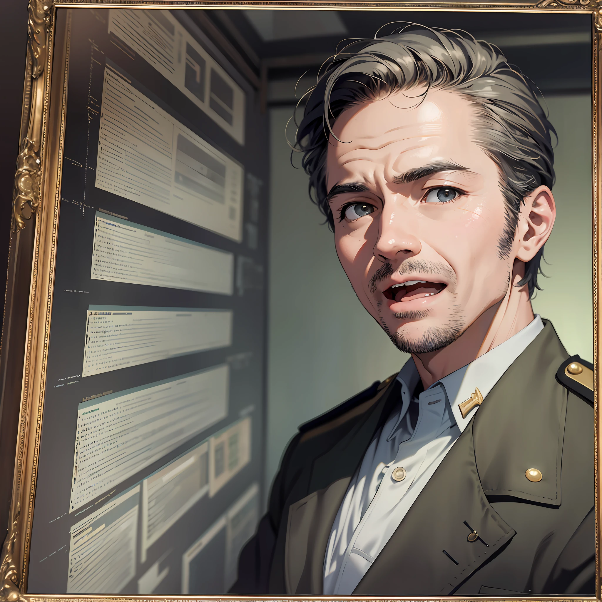 Absurd resolution, high resolution, (masterpiece: 1.4), hyper-detail, middle-aged man in military uniform, scientific observatory background, screen wall and more, excited open mouth, upper body photo