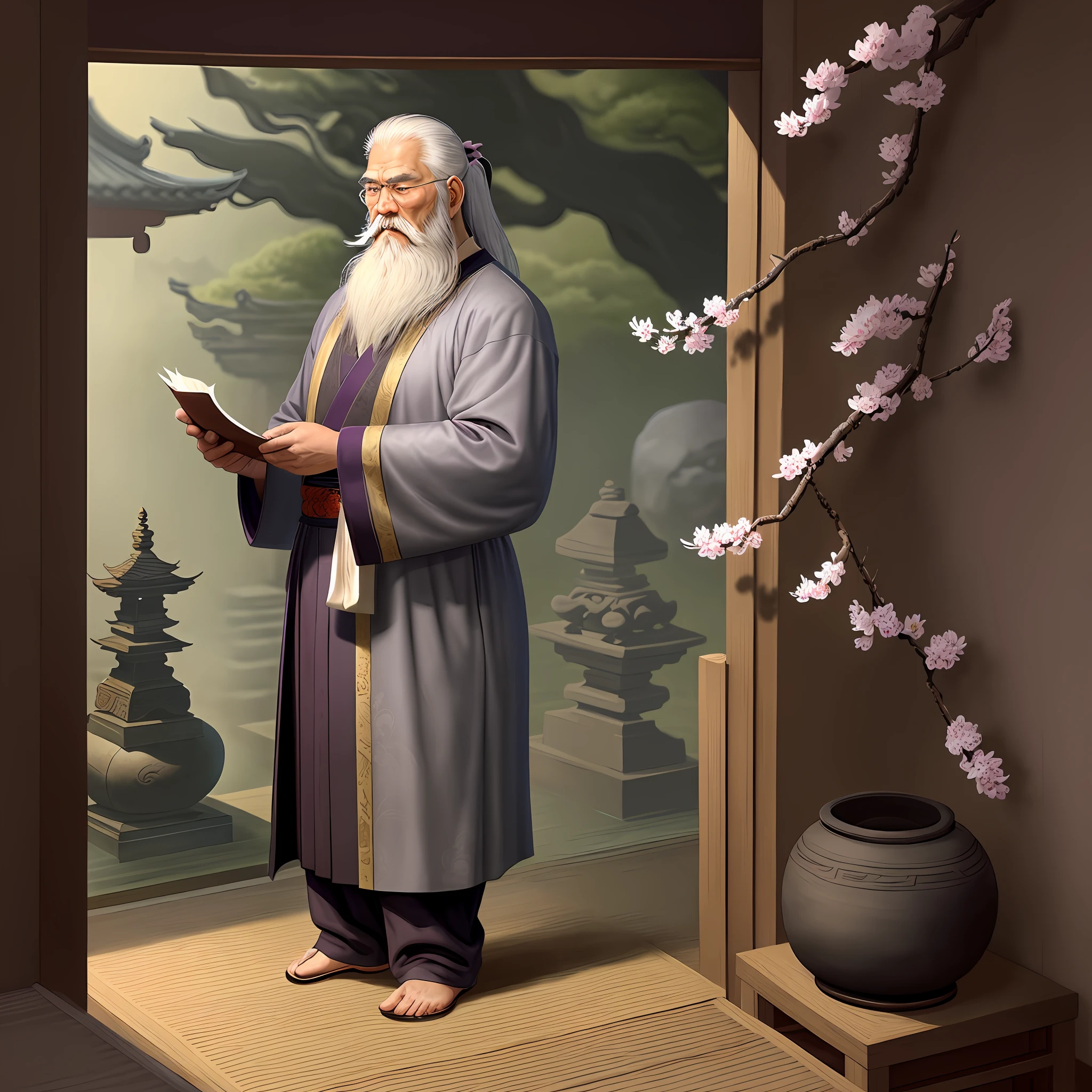 Holding a scroll, ancient illustrations, ink drops, master illustrations, an old Chinese bearded master, long gray beard, robe, literary grandmaster, standing behind the podium to lecture, (Zen garden, plum blossoms, nature), chinoiserie