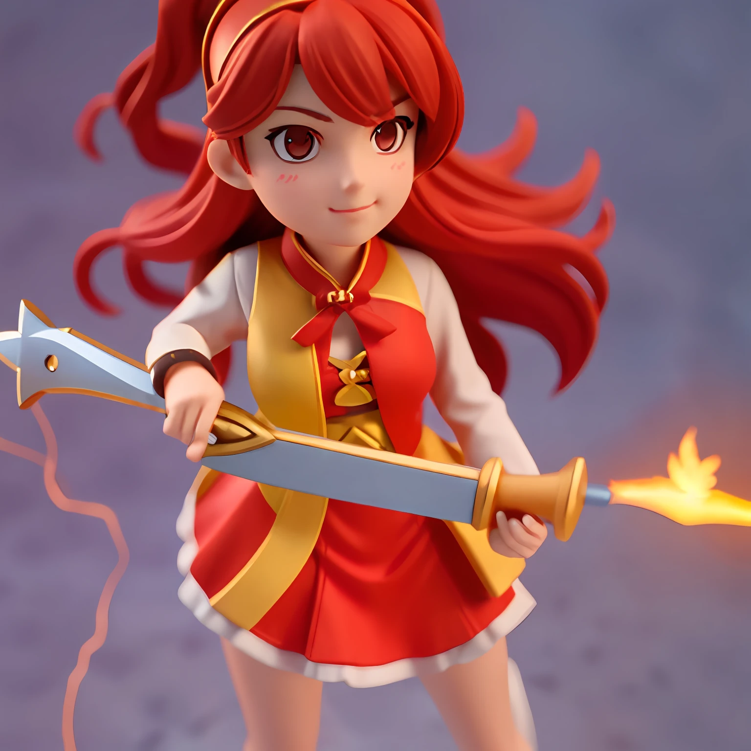 a close up of a person holding a sword in a red dress, epic mage girl character, maple story gun girl, maya ali as a lightning mage, katana zero video game character, natalie from epic battle fantasy, fire mage, she has fire powers, render of mirabel madrigal, a young female wizard, holding a flaming sword, female mage, pyromancer