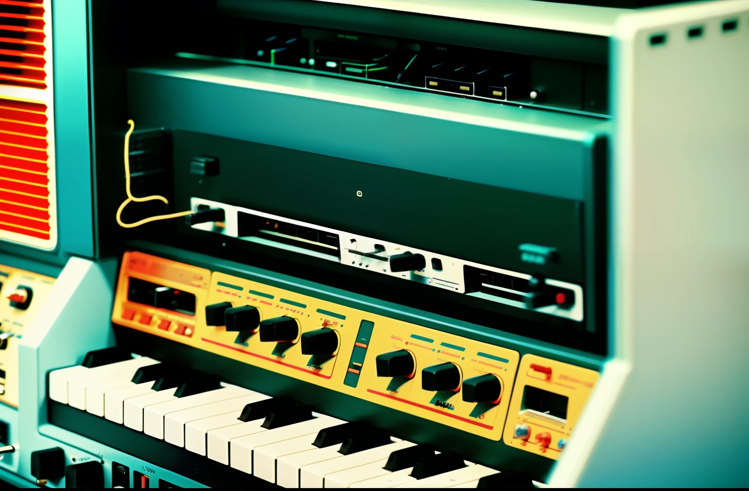 a close up of a close up of a musical instrument, 1 9 8 0 s tech, roland, from the 8 0 s, late 80's, tape deck, synthesizers, photo from the 80s, 80s nostalgia, synthesizer, synth, retro and 1 9 8 0 s style, vintage electronics, 80s retro, 4K