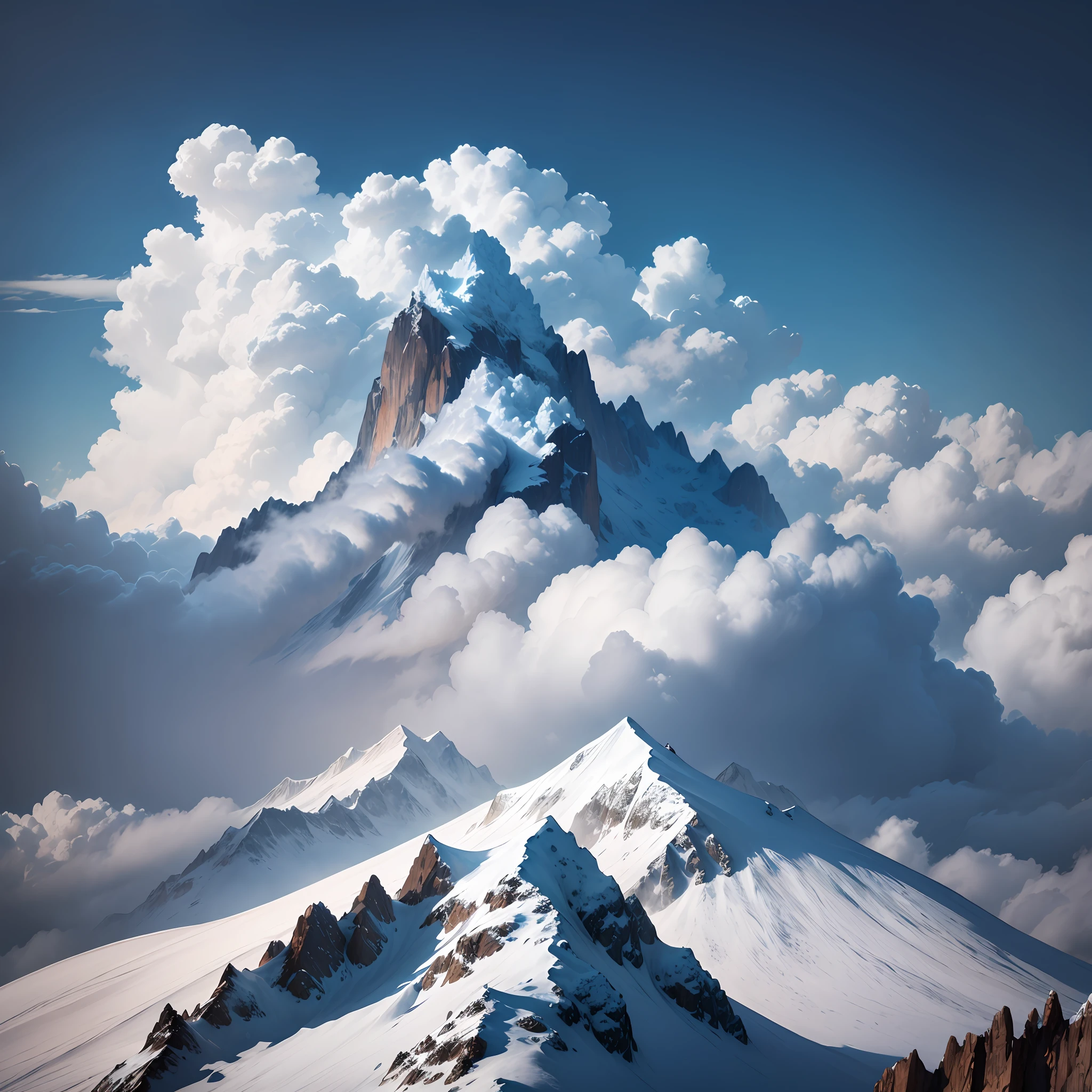 The background is a snowy mountain, beautiful clouds, huge clouds, amazing clouds, huge cumulonimbus clouds, epic clouds, wow, magnificent clouds, --auto --s2