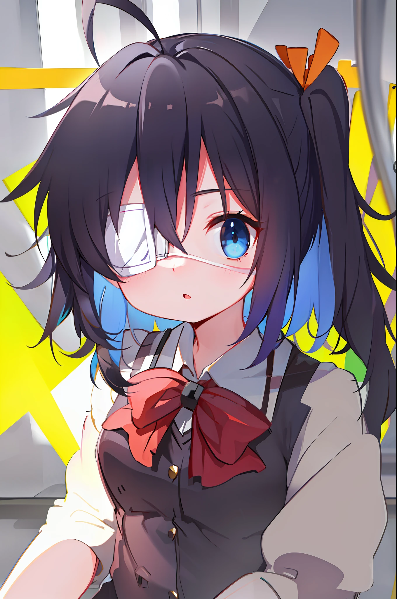 high res, masterpiece,Rikka Takanashi, black hair, solo, 1girl,outside,deatailed background, detailed eyes, ((blue eyes)), eyepatch