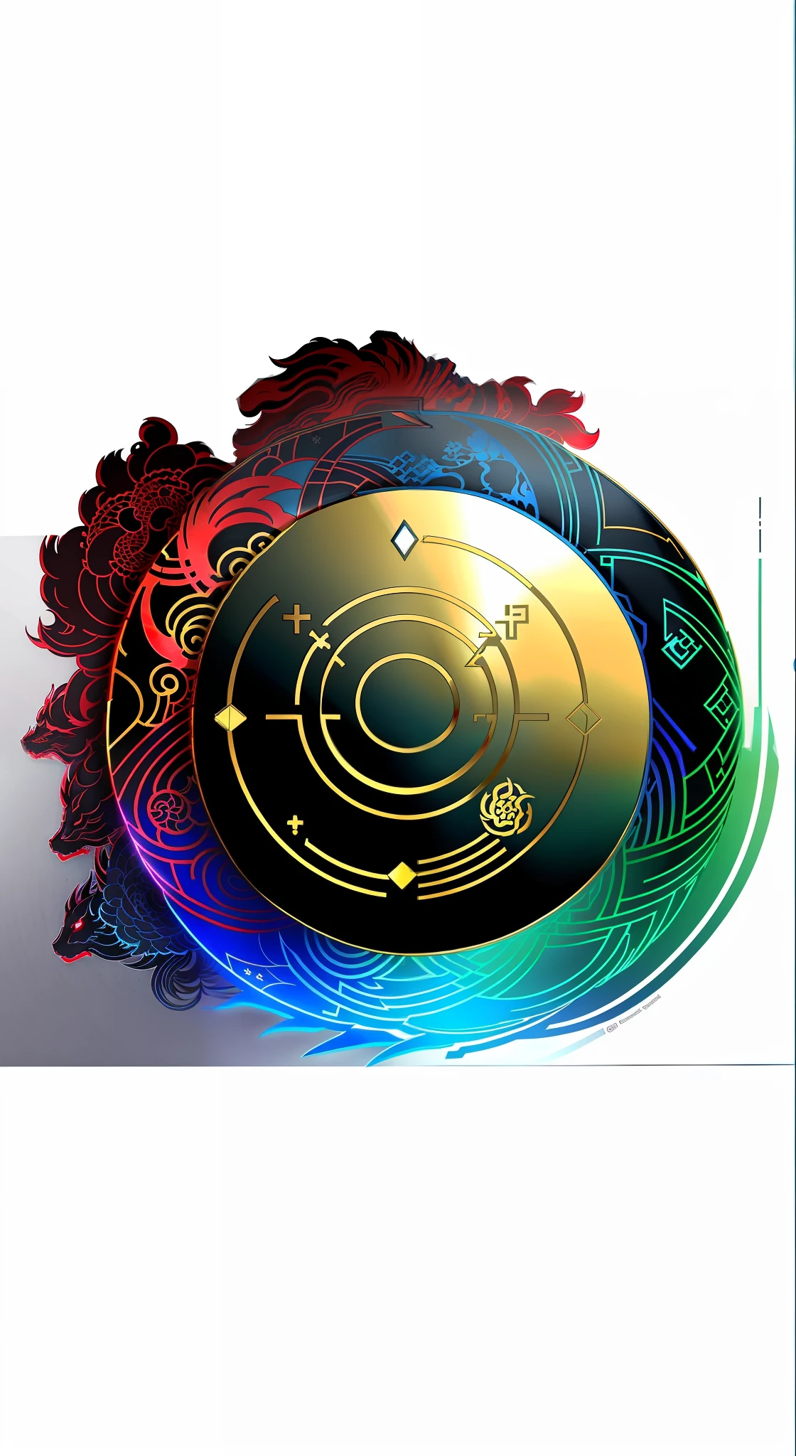 Ouroboros, central circular composition, color drawing, onmyoji, shock, game style, gold, red, green, blue