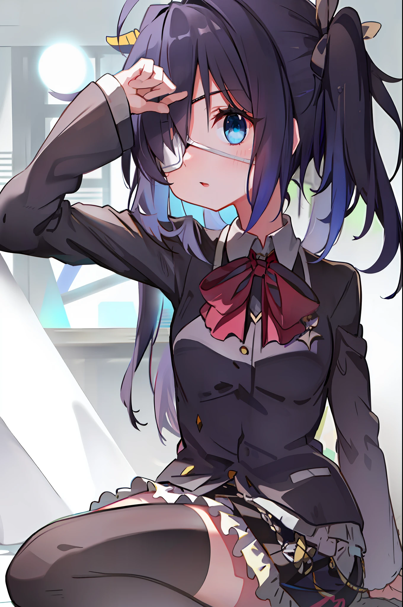 high res, masterpiece,Rikka Takanashi, black hair, solo, 1girl,outside,deatailed background, detailed eyes, ((blue eyes)), eyepatch