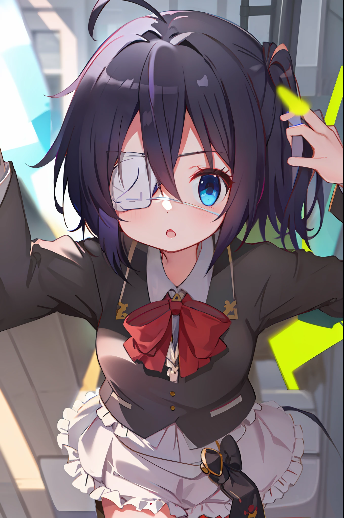 high res, masterpiece,Rikka Takanashi, black hair, solo, 1girl,outside,deatailed background, detailed eyes, ((blue eyes)), eyepatch