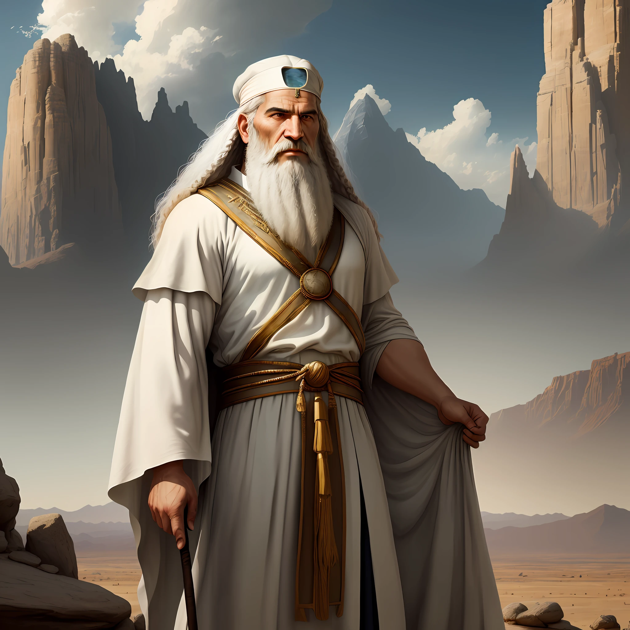 In the photo, we see Moses in a setting that harks back to Ancient Egypt. He is standing, on top of an imposing mountain, with Mount Sinai in the background. Moses is portrayed as a mature, respectable-looking man with long, white hair and beard, demonstrating wisdom and authority.

Dressed in traditional Egyptian clothing, he wears a flowing white robe over a linen tunic, symbols of his prominent position in the pharaoh's court. In his right hand, Moses holds the iconic shepherd's staff, which stands out against the barren scenery.

His face displays striking features, with soft wrinkles that testify to his journey and experience. His eyes, deep and piercing, reflect his unwavering determination and faith. There is an aura of serenity and power in his expression, conveying his connection to God and his role as leader of the people of Israel.

The sunlight falls on Moses, illuminating his face and highlighting his distinctive features. The surrounding landscape is desert and majestic, with golden sand dunes and towering rocks, evoking the grandeur and aridity of the desert environment.

On the horizon, dark and stormy clouds begin to form, representing the moment when Moses received the tablets of the law on Mount Sinai. These clouds bring a sense of mystery and grandeur, symbolizing the divine encounter and the revelation of God's will.

The photo seeks to convey the imposing presence and spirituality of Moses, capturing his historical importance and his connection to the divine. It serves as a visual reminder of the pivotal role Moses played in the history of the people of Israel and in the transmission of the divine law and commandments.