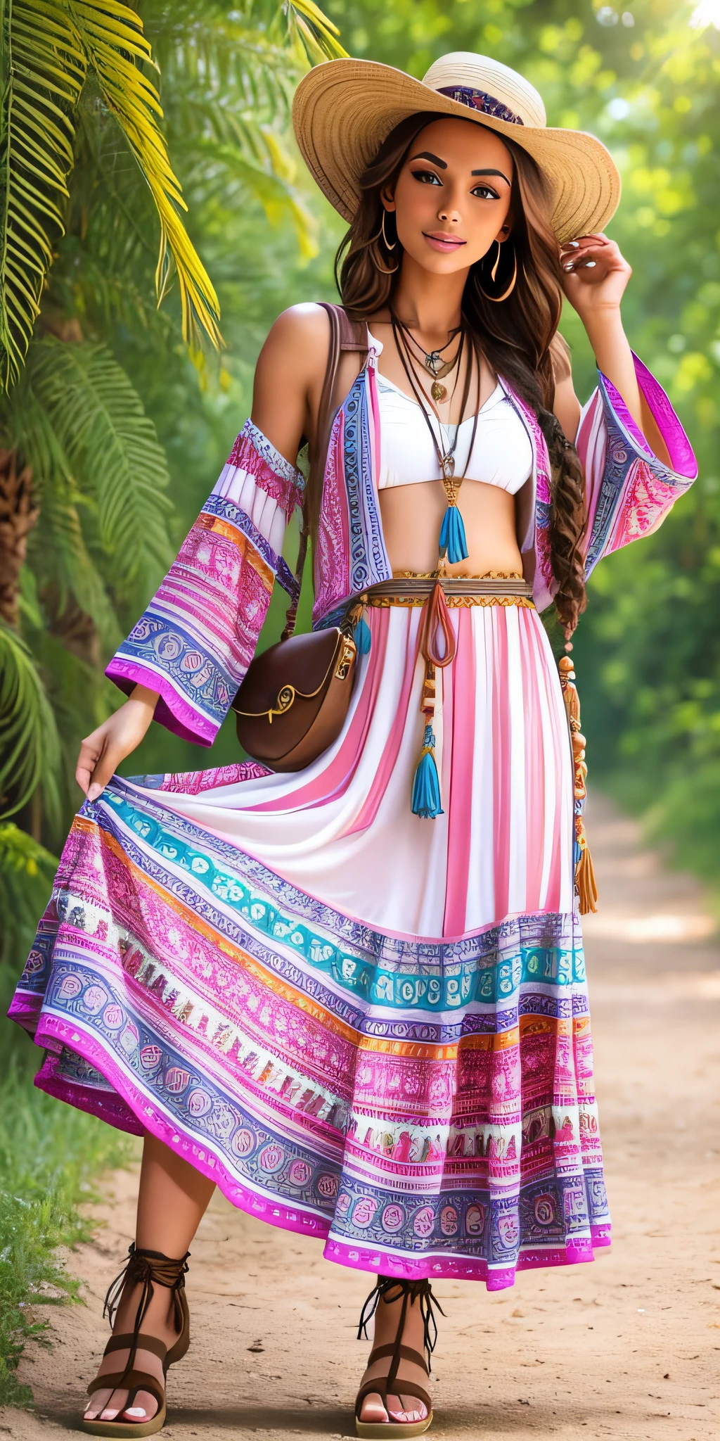 Beautiful model in boho style outfit in the sunshine. outdoor fashion