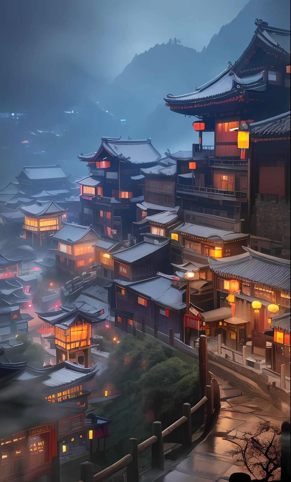 arafed view of a village, lots of lights on buildings, fantastic chinese town, chinese village, amazing wallpapers, japanese town, japanese village, surreal photo of a small town, old asian village, japanese city, Raymond Han, rainy night, cyberpunk ancient Chinese castle, beautifully lit architecture, evening in the rain, beautiful and aesthetic, photography, movie, 8k, high detail ((heavy snow)))