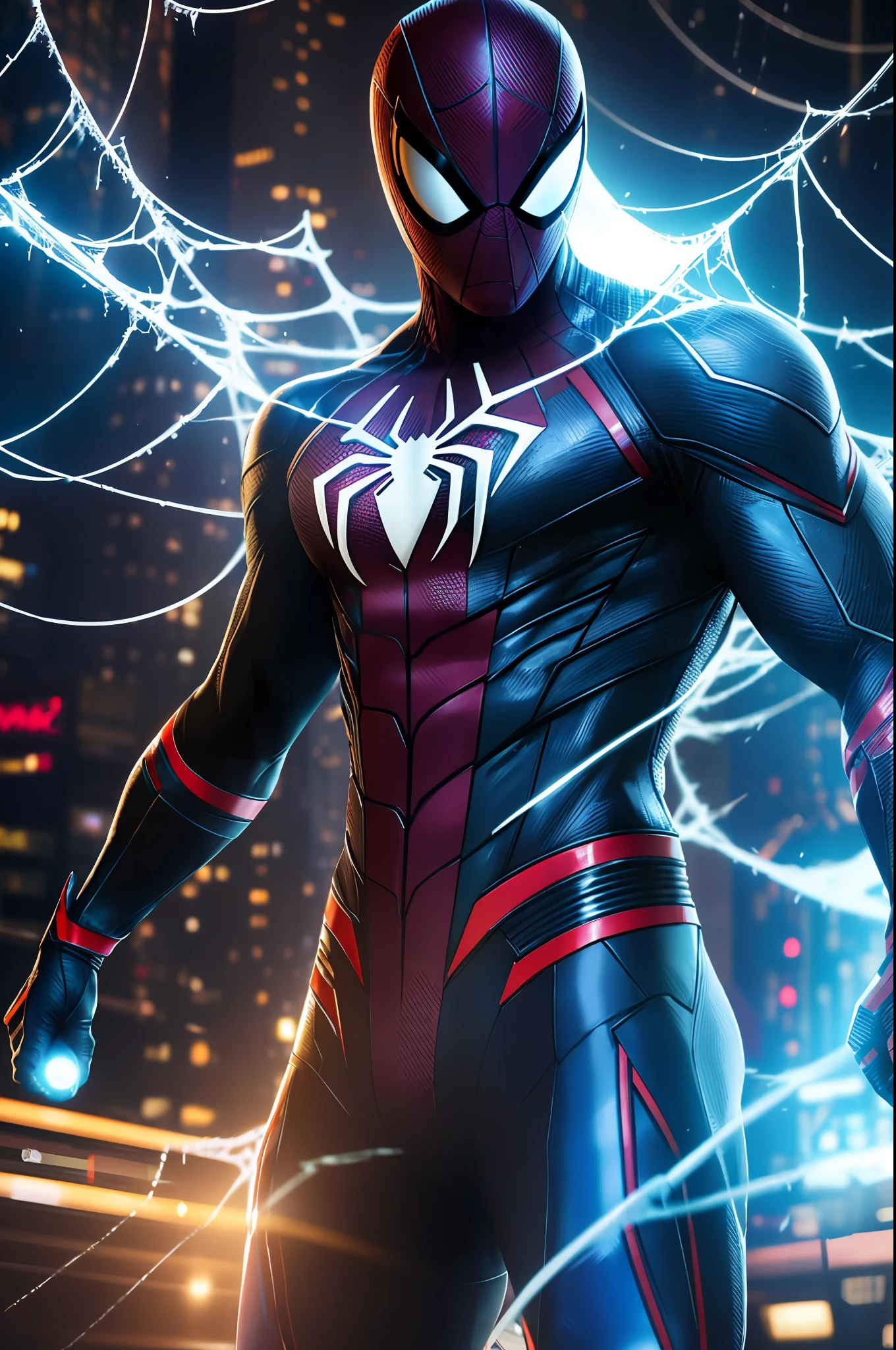 (realistic:1.2), (best quality:1.4), (masterpiece:1.2), (ultra highres:1.2), (photorealistic:1.4), (8k, RAW photo:1.2), professional lighting, photon mapping, radiosity,physically-based rendering, detailed, Cyberpunk spiderman inspired by japanese manga, dark colors, neon lights, futuristic cityscape, detailed textures, cybernetic enhancements, dynamic action pose, motion blurs, trending on artstation, cinematic lighting, perfect face, fine details, realistic shaded, strong depth of field, cobweb around, cobwebs,