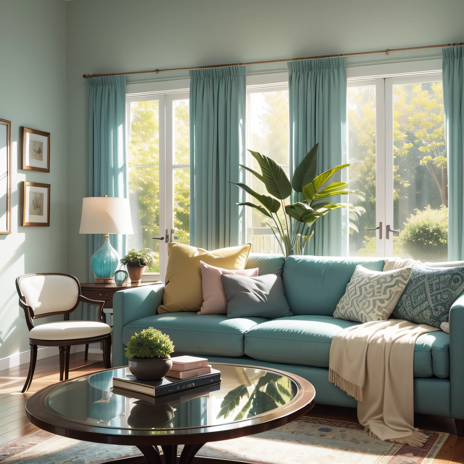 In the image, we can see a living room with a comfortable sofa in a soft and cozy fabric. Around the sofa, there are decorative pillows in vibrant tones, bringing life and personality to the environment. On the wall, there is a composition of varied paintings, reflecting the interests and tastes of the residents. A strategically placed mirror visually expands the space and reflects the natural light that enters through the windows, creating a bright and sophisticated effect. A floor lamp directs light into a reading area, while light drapes let in soft daylight. Potted plants add a touch of freshness and connection to nature. Overall, the image conveys a surprising, balanced and stylish environment. --auto --s2