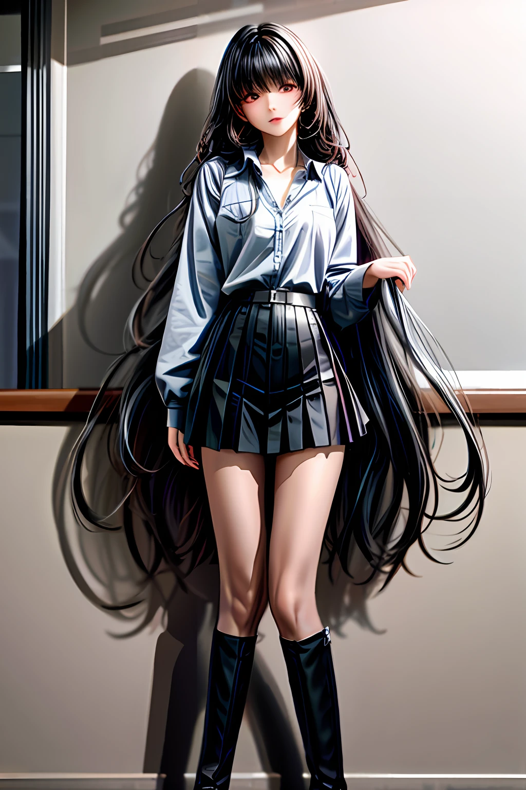 State angle, absurd, original, extremely delicate beauty, beautiful and detailed eyes and face, 1 girl, black_hair, looking_at_viewer, solo, (masterpiece: 1.4), (best quality: 1.4), black leather boots, room, black hair, red eyes, very long hair, school uniform, white shirt, pleated skirt, collared shirt, bangs,