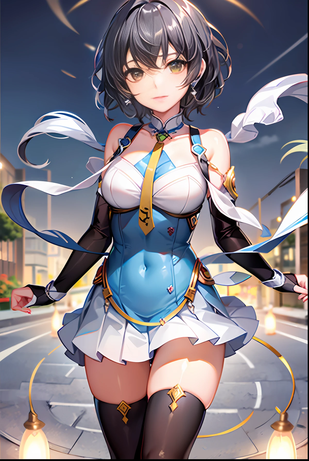 (halfbody shot,street lamps,moon),Masterpiece, 1girl, solo exhibition, beautiful woman on the bustling street, surrounded by hawkers, beautiful goddess girl portrait, beautiful and detailed face, porcelain skin, (((bust shot, center, night, black hair, short hair)), super soft lighting, symmetry, complexity, elegance, high detail, realism, art, concept art,