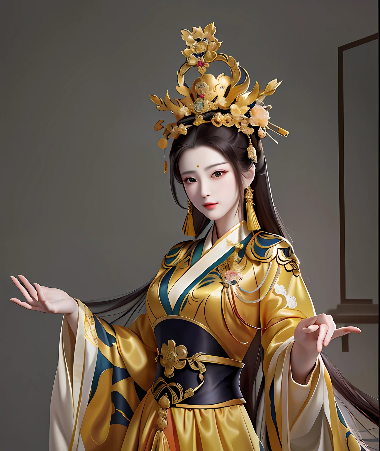 The work is created using realistic oil painting techniques, a female emperor wearing a gorgeous yellow robe in China, beautiful figure painting, the female emperor of the Tang Dynasty, with a serious expression, Wu Zetian, palace, gorgeous costumes, the artist adopts the style of Leonardo da Vinci, skillfully captures every detail, and there are patterns on the clothes
