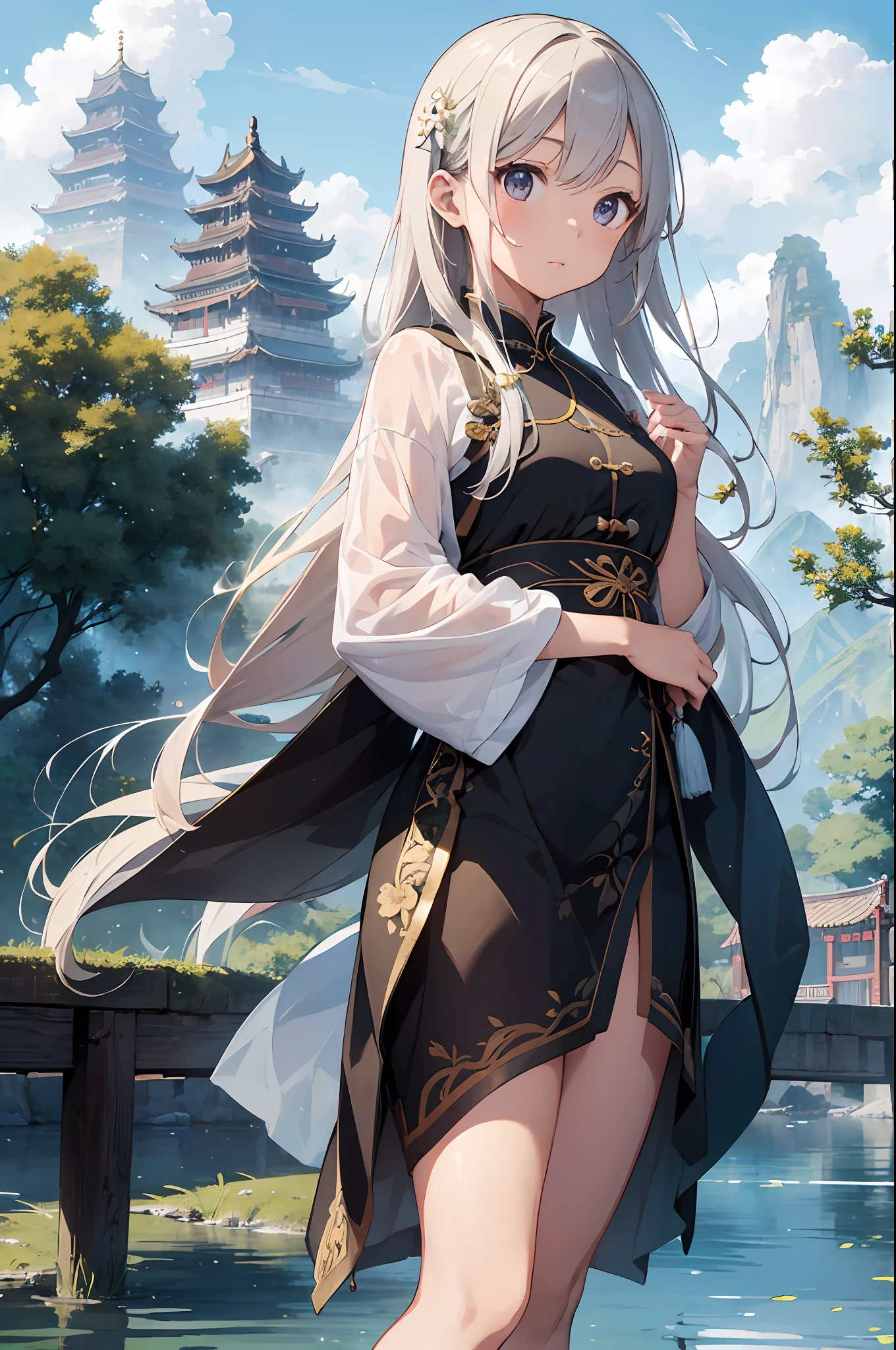 full body, hair ornaments, serene expression, exquisite facial features, perfect anatomy, Chinese buildings, mountains, white clouds, Nature, trees, clear blue transparent sky, outdoor, leaves, river, (forest), ((chinese style)), (best_quality:1.3), (((extremely clear))), (ultra_detailed:1.3), (detailed light), (masterpiece), (bloom), 8k，裤子
