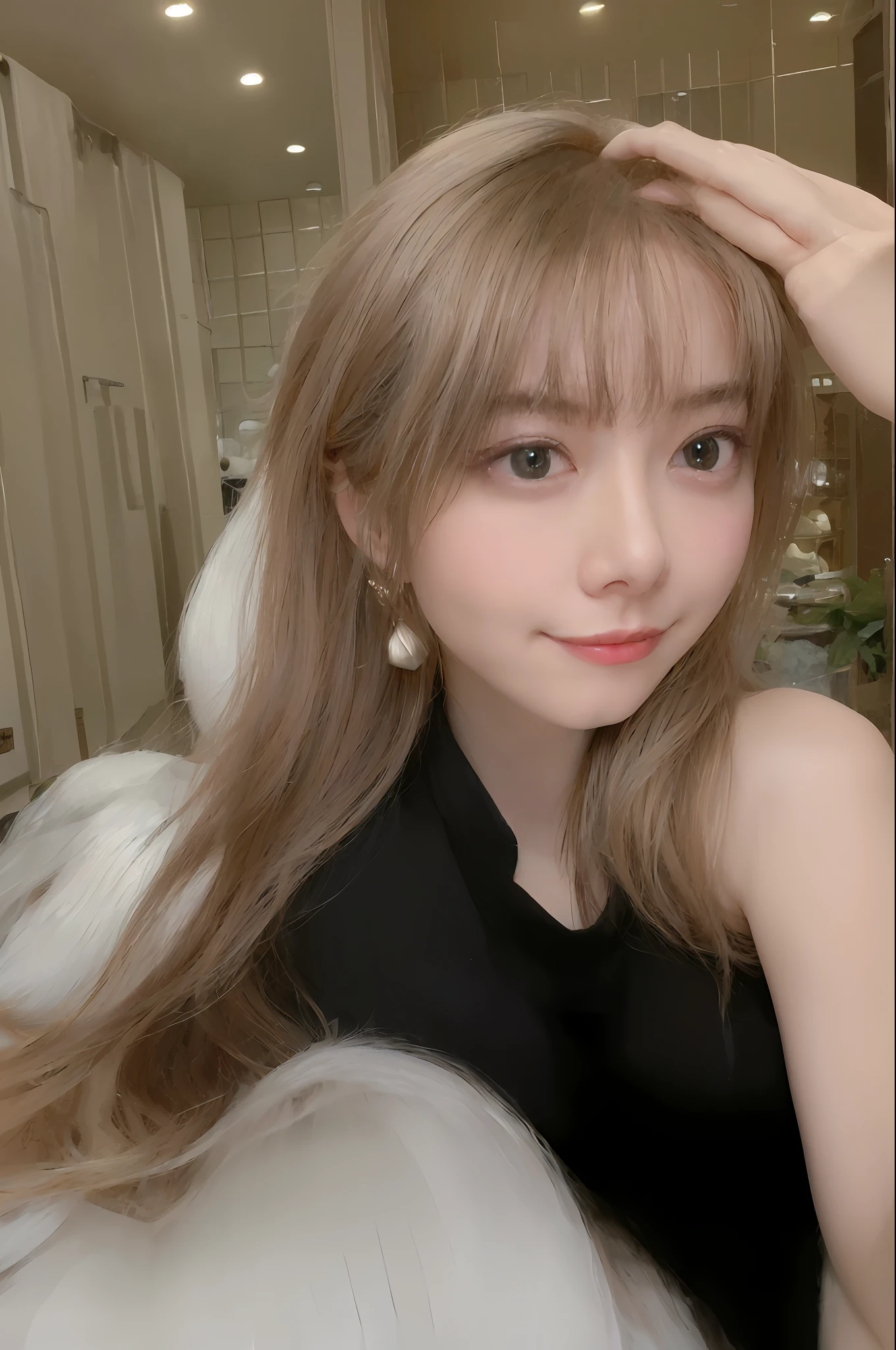 ((Best quality, 8k, Masterpiece :1.3)), 1girl, Pretty woman with emphasizing slender abs :1.3, (random hairstyles, Huge breasts :1.2), Casual outfit :1.2, Indoor, Ultra-detailed face, Detailed eyes, Double eyelid