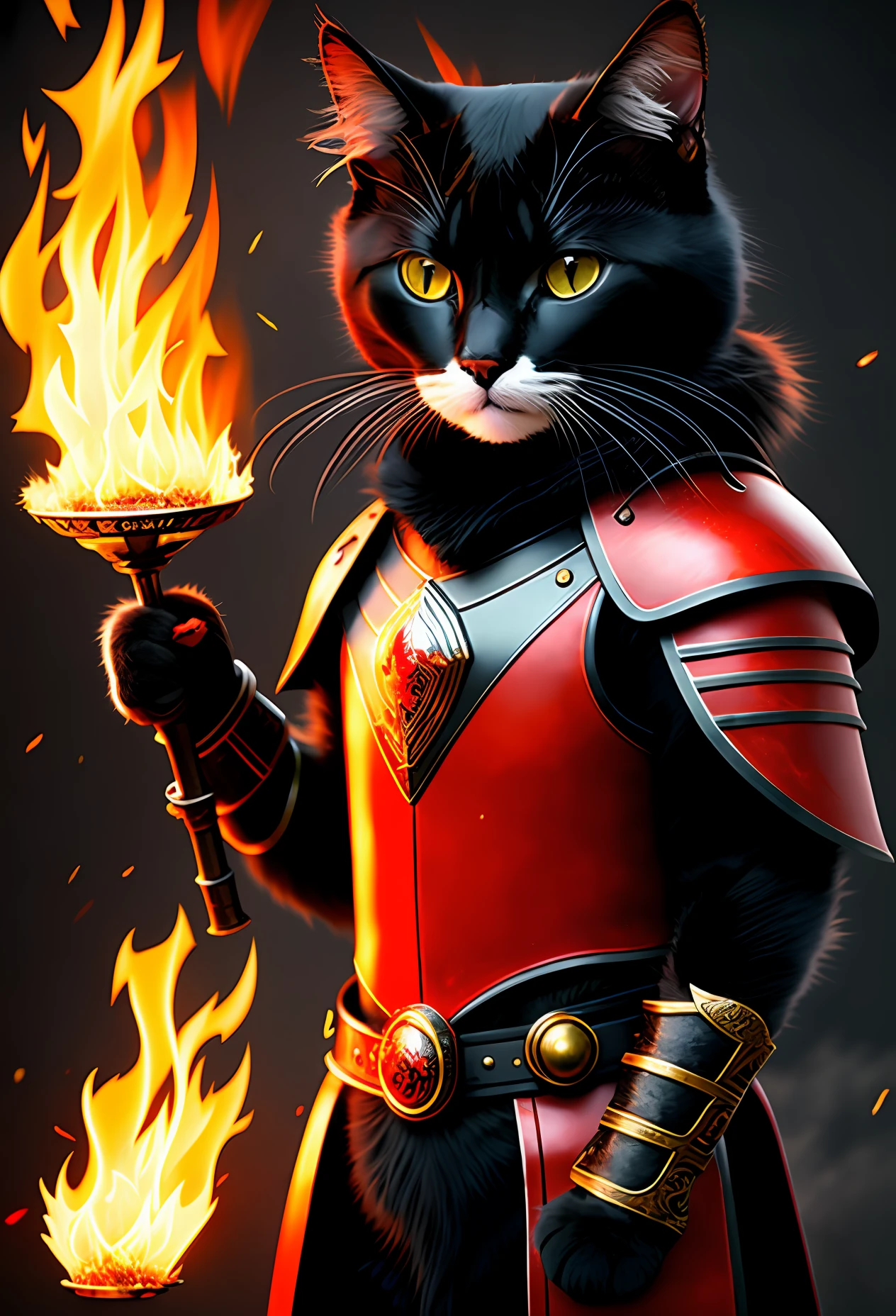 Cat with beautiful black fur red eyes, anthropomorph, wearing a super detailed red and black armor old space, 4k hdr, smug look, image with details, wielding a flaming sword, bright eyes, scar on left eye, around on fire, fire coming out of hands