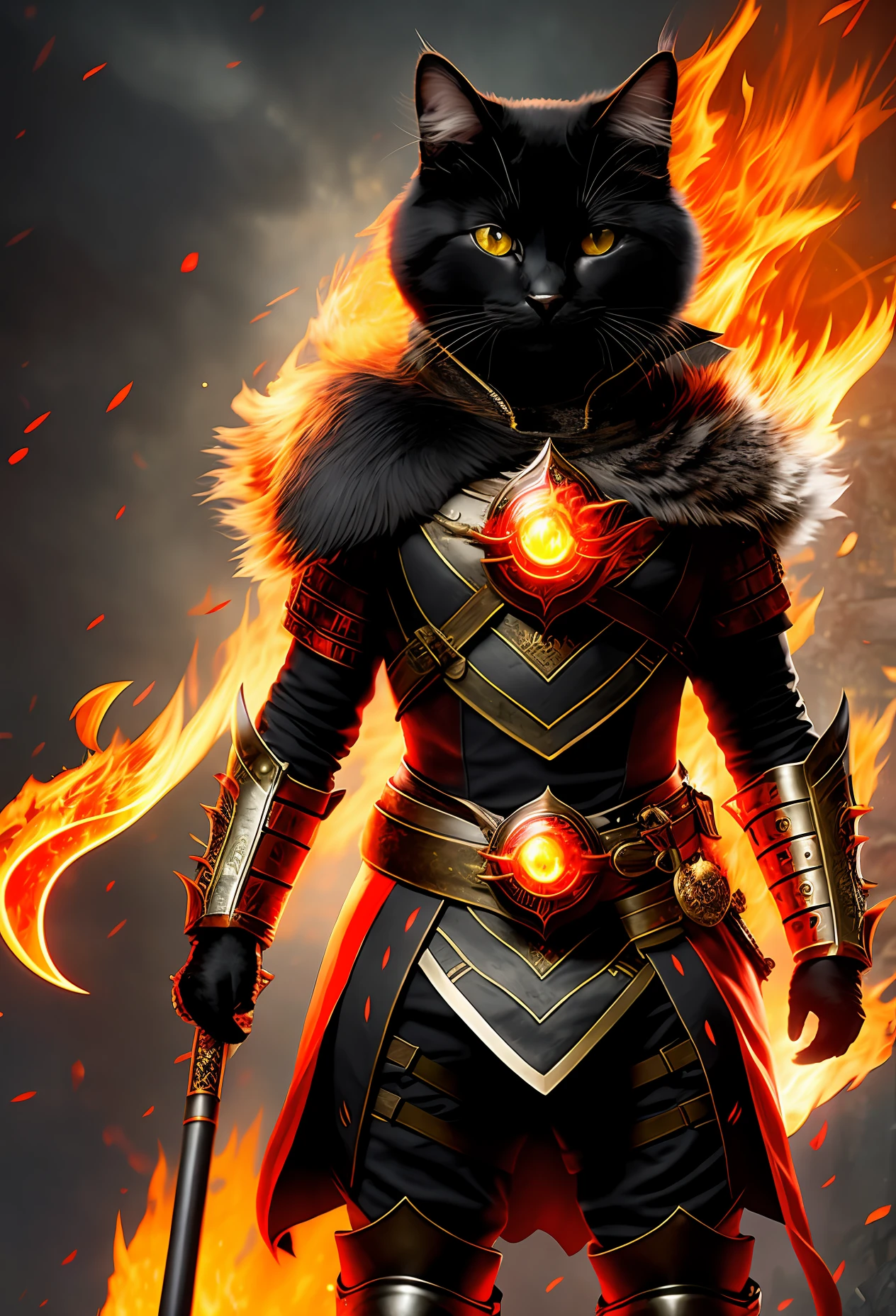 Cat with beautiful black fur red eyes, anthropomorph, wearing a super detailed red and black armor old space, 4k hdr, smug look, image with details, wielding a flaming sword, bright eyes, scar on left eye, around on fire, fire coming out of hands