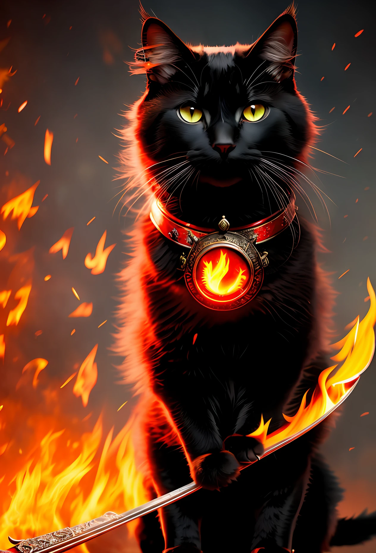 Cat with beautiful black fur red eyes, anthropomorph, wearing a super detailed red and black armor old space, 4k hdr, smug look, image with details, wielding a flaming sword, bright eyes, scar on left eye, around on fire, fire coming out of hands