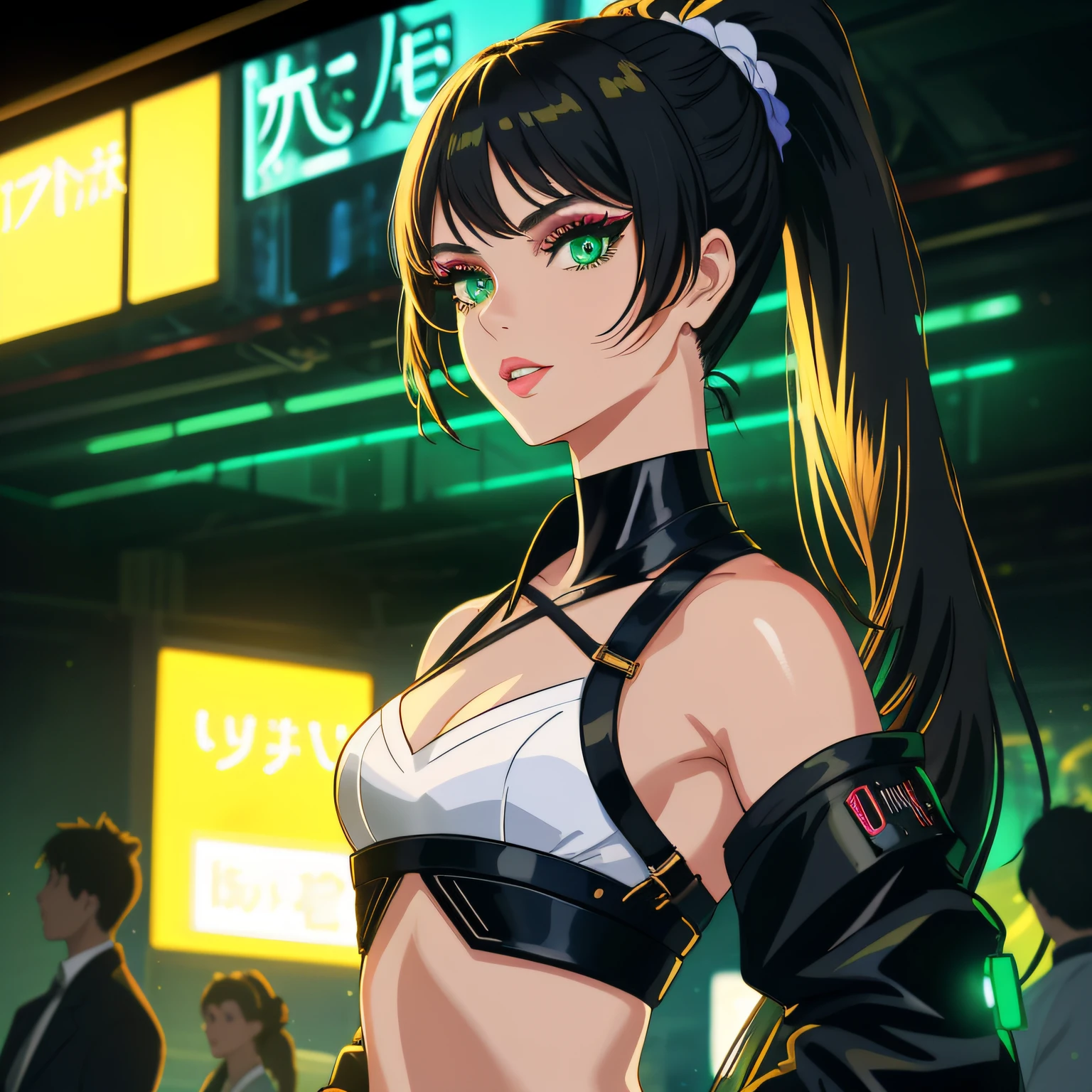 "(masterpiece, best quality, 8k, sharp focus, depth of field, best shadows, perfect lights, HDR, realistic skin texture, ultra-detailed background, detailed)", anime style, woman (green eyes, white skin, black hair with ponytail, choker, small breasts, slim, makeup, eyeliner, glow) dancing with her blond friend at a night club, cyberpunk theme, cyyberpunk city.