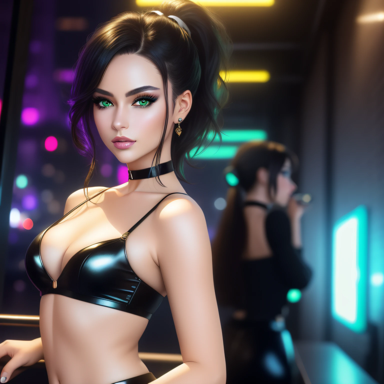 "(masterpiece, best quality, 8k, sharp focus, depth of field, best shadows, perfect lights, HDR, realistic skin texture, ultra-detailed background, detailed)", anime style, woman (green eyes, white skin, black hair with ponytail, choker, small breasts, slim, makeup, eyeliner, glow) dancing with her blond friend at a night club, cyberpunk theme, cyyberpunk city.