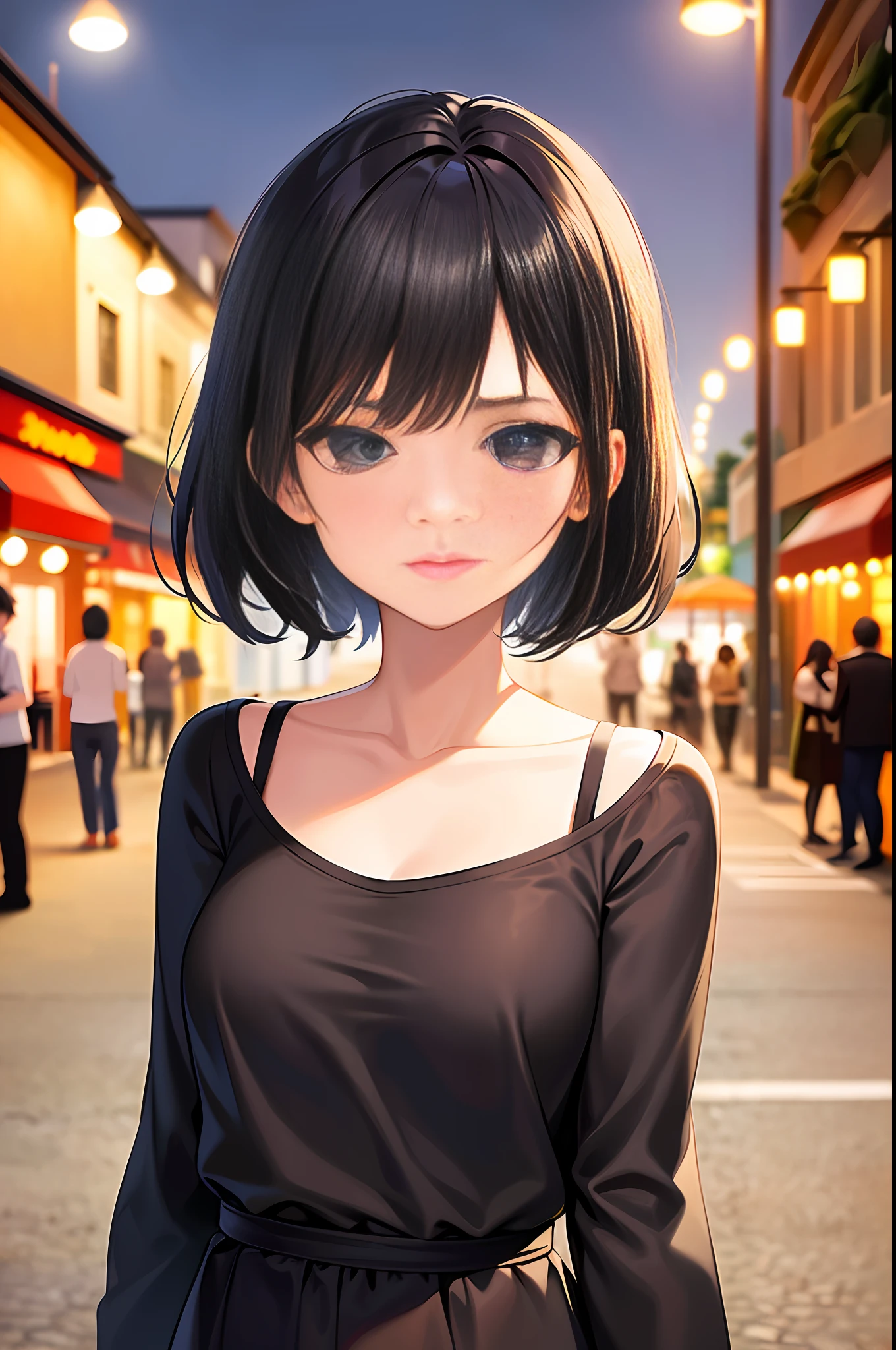 (halfbody shot,street lamps,moon),Masterpiece, 1girl, solo exhibition, beautiful woman on the bustling street, surrounded by hawkers, beautiful goddess girl portrait, beautiful and detailed face, porcelain skin, (((bust shot, center, night, black hair, short hair)), super soft lighting, symmetry, complexity, elegance, high detail, realism, art, concept art,