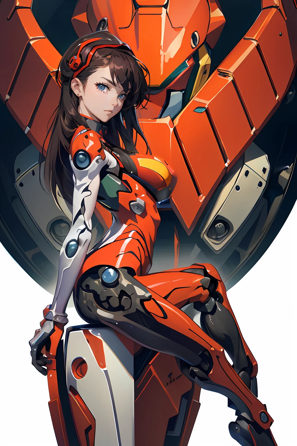 masterpiece, best quality, ultra-detailed, illustration, 1girl, highly detailed evangelion costume, (large robot background), detailed skin texture, beautiful detailed face, upper body, intricate details, ultra detailed,