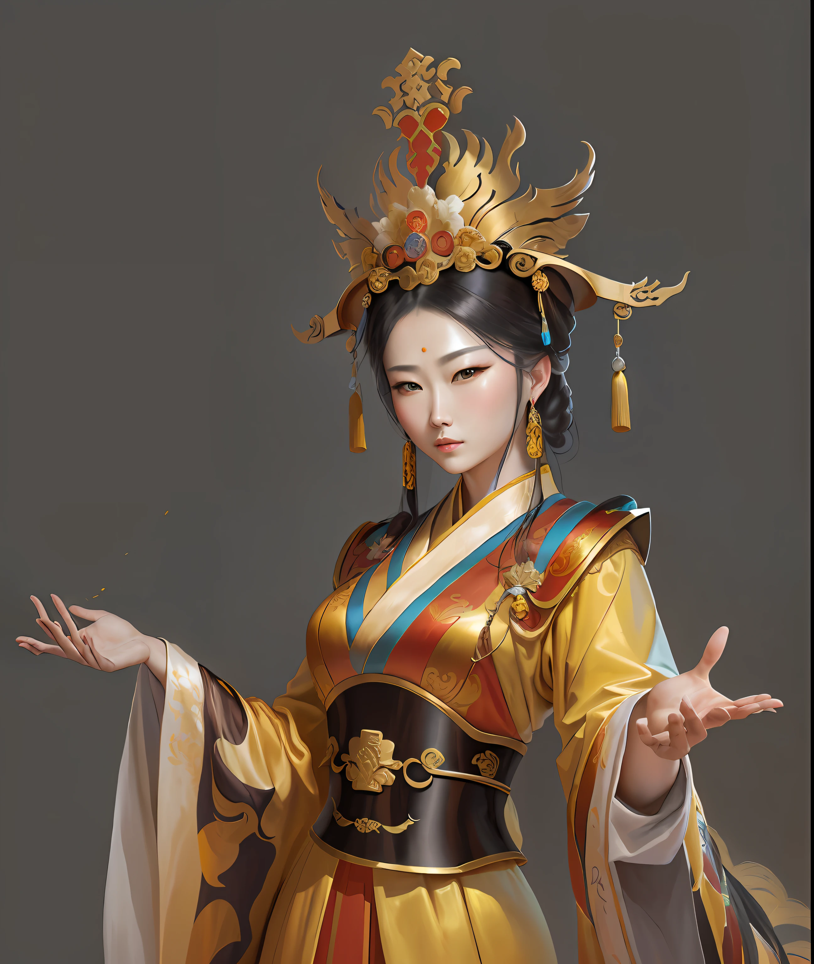 The work is created using realistic oil painting techniques, a female emperor wearing a gorgeous yellow robe in China, beautiful figure painting, a female emperor of the Tang Dynasty, with a serious expression, Wu Zetian, palace, gorgeous costumes, the artist adopts Leonardo da Vinci's style, skillfully capturing every detail