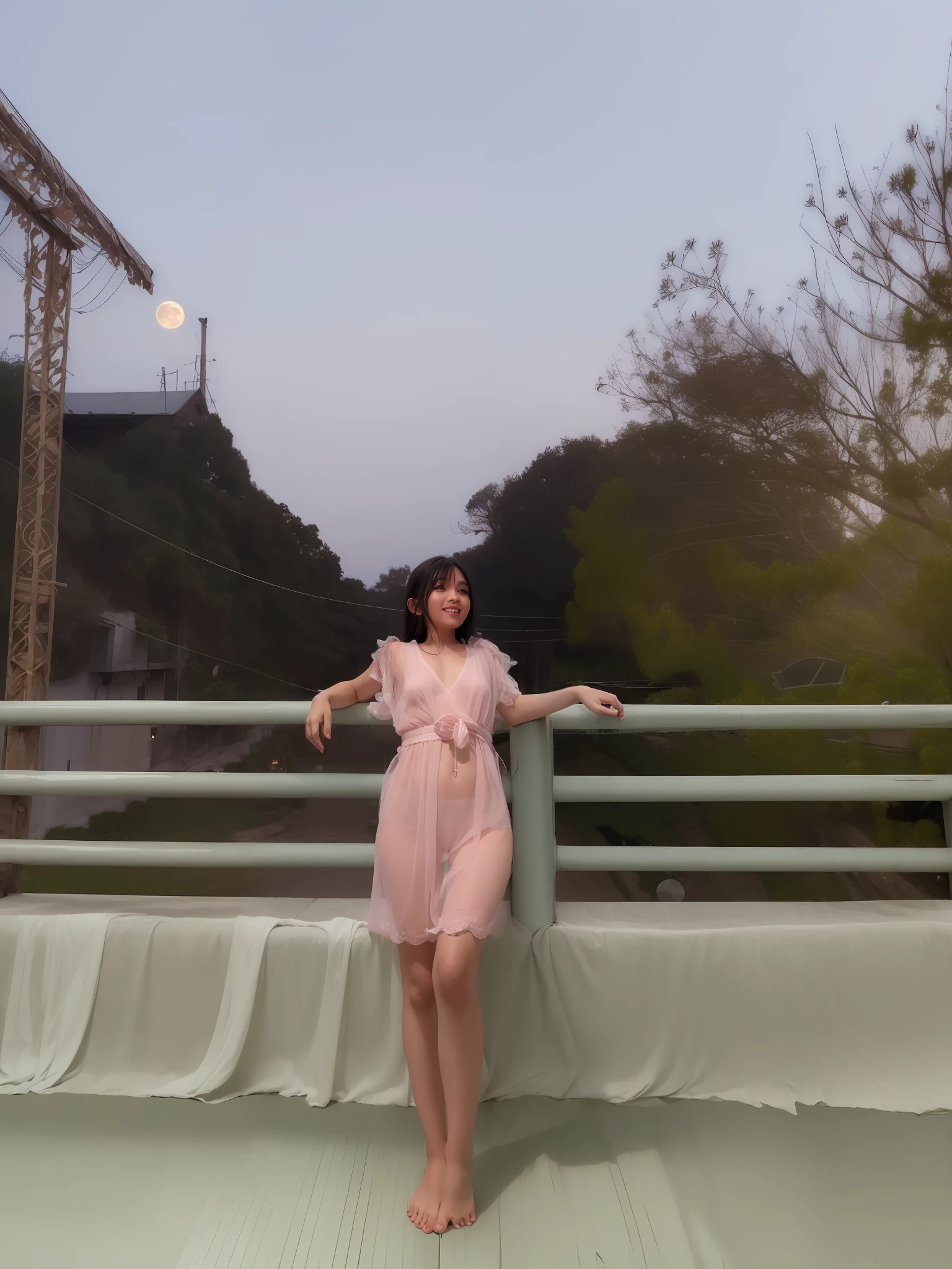 1girl, in middle of bridge, in evening, moon light, barefoot, curtain grab, curtains, covered navel, covered, black hair, sheet grab, standing, smile, solo, tail, lily_\(flower\), looking a viewer, (flat chest:1.2), see-through, solo, beautiful and delicate detailed girl, illustration, unity 8k wallpaper, masterpiece, best quality, (upper body:1.6),