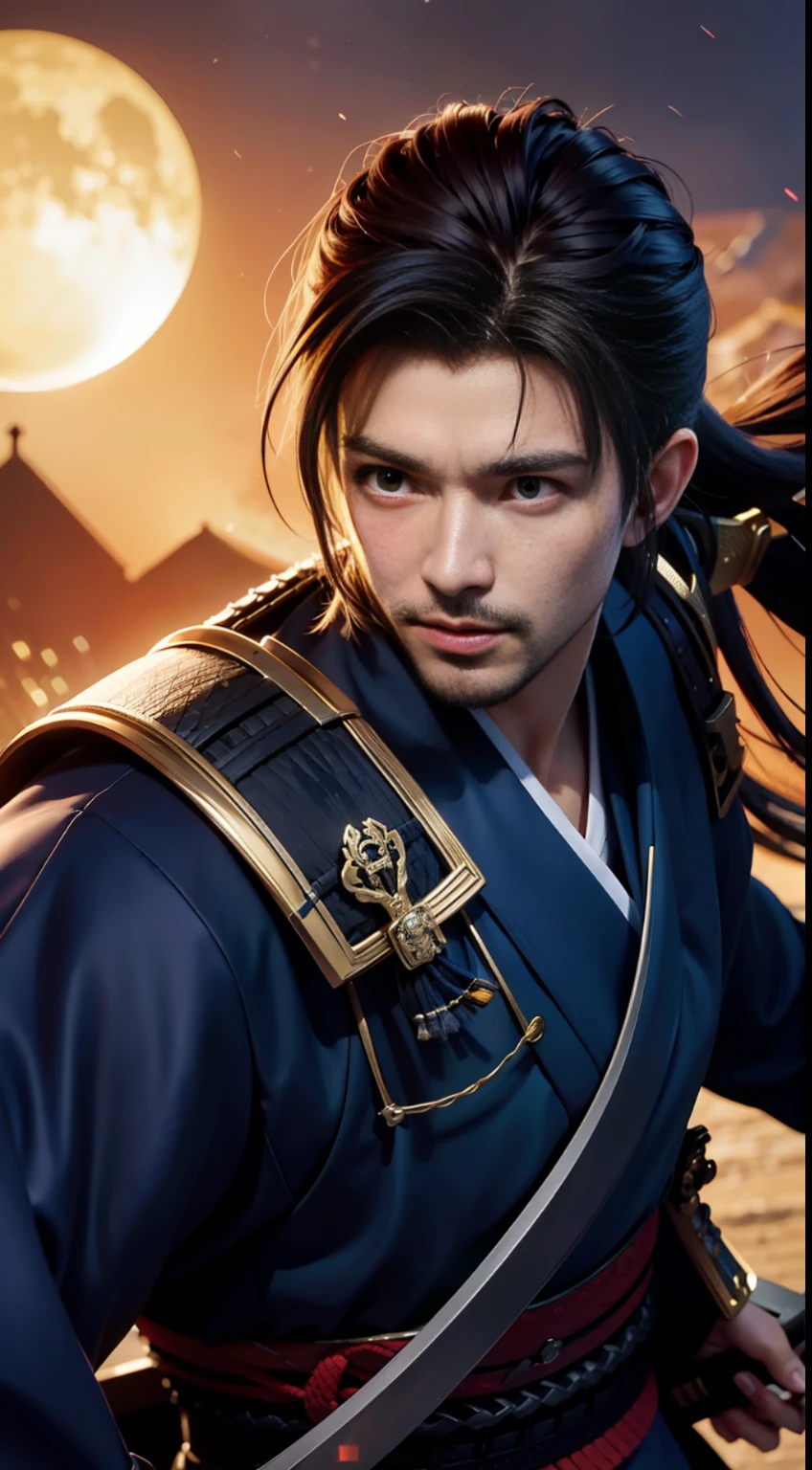 Close-up of a man holding a sword before the full moon, very handsome cyberpunk samurai, he holds a katana, inspired by Kogai Kano, male samurai, katana, holding a big sword, demon samurai, from the night of the ark, demon samurai warrior, he holds a sword, Kunoichi, dramatically-wielding katana pose, (Ultra: 1.4)