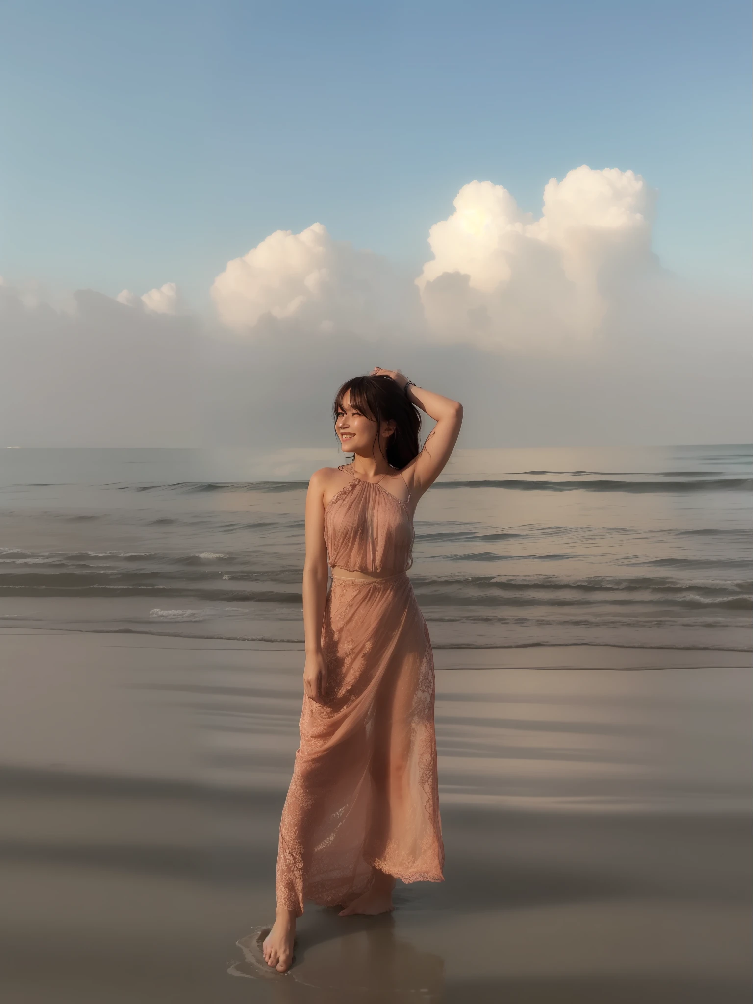 1girl, in beach, wave, barefoot, sunset, curtain grab, curtains, wearing long gown, covered navel, covered, pink hair, sheet grab, sitting, smile, solo, tail, lily_\(flower\), looking a viewer, (flat chest:1.2), see-through, solo, beautiful and delicate detailed girl, illustration, unity 8k wallpaper, masterpiece, best quality, (upper body:1.6),