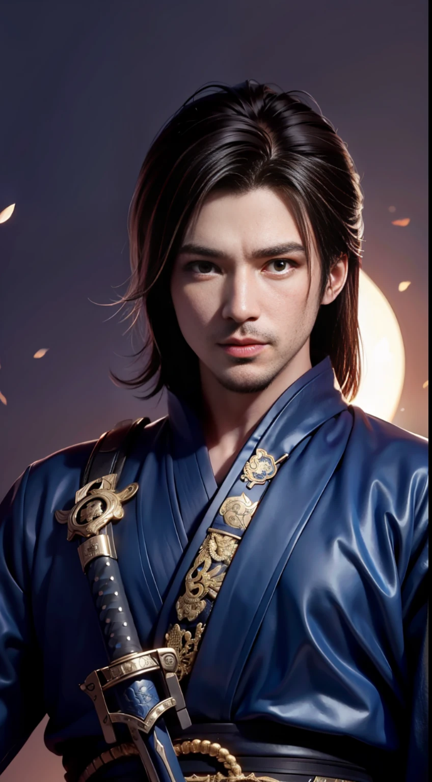 Close-up of a man holding a sword before the full moon, very handsome cyberpunk samurai, he holds a katana, inspired by Kogai Kano, male samurai, katana, holding a big sword, demon samurai, from the night of the ark, demon samurai warrior, he holds a sword, Kunoichi, dramatically-wielding katana pose, (Ultra: 1.4)