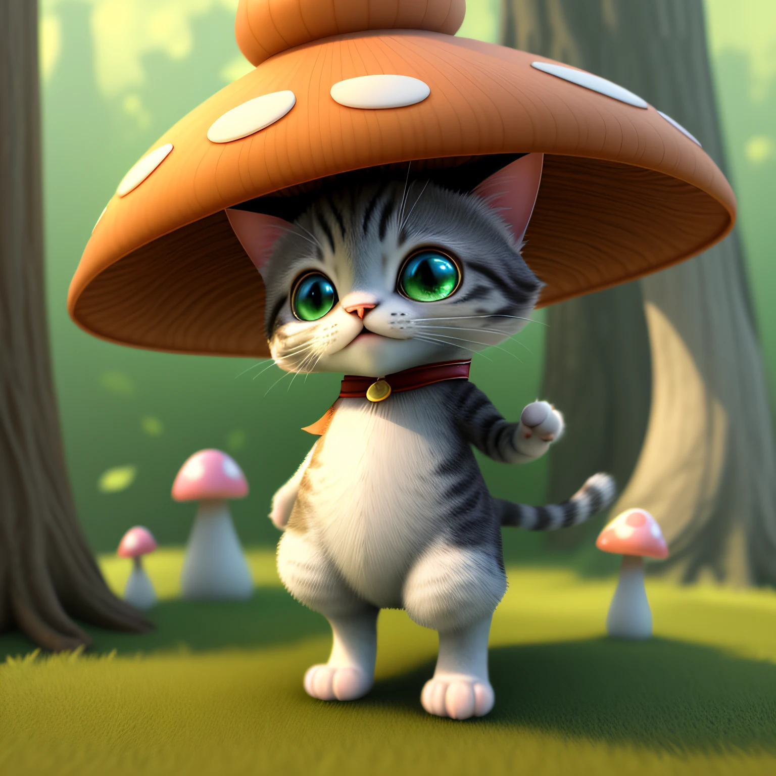 cute, fantasy, 3D animation, cat head and mushrooms fused,