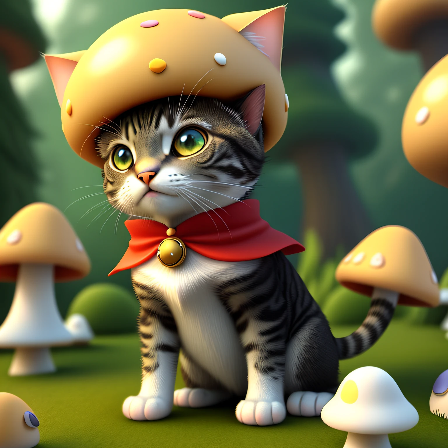 cute, fantasy, 3D animation, cat head and mushrooms fused,