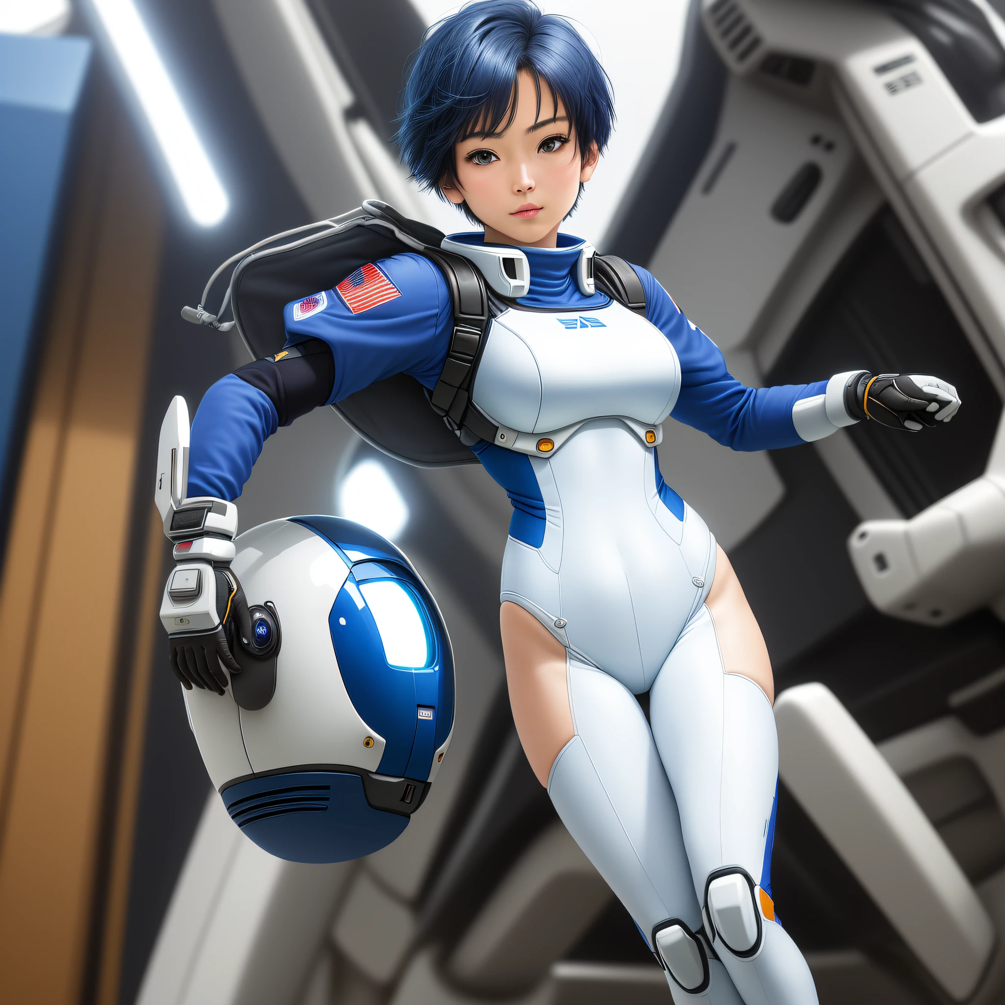 Masterpiece, highest quality, highest resolution, distinct_image): (Solo, Japan face, short blue-haired girl, full body figure, small breasts, sparkling blue colored eyes, pilot suit in white and blue color, tight fit clothes, clothes that cover the whole body, beauty, vivacious, lovely, slim body, exoskeleton, gundam pilot, open legs, kick)