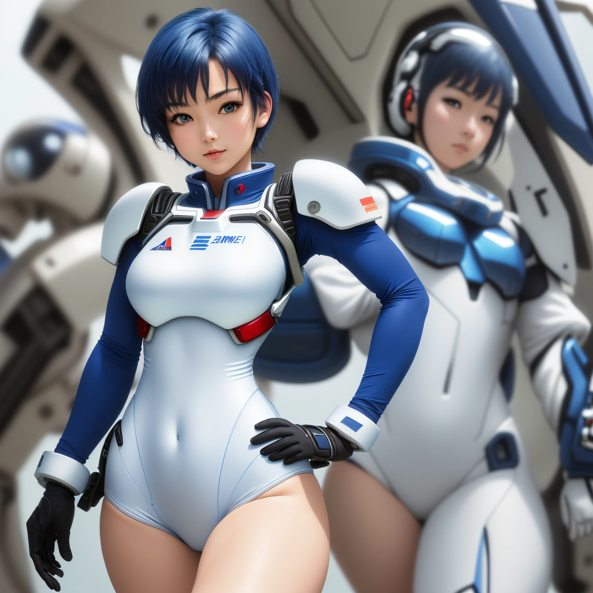 Masterpiece, highest quality, highest resolution, distinct_image): (Solo, Japan face, short blue-haired girl, full body figure, small breasts, sparkling blue colored eyes, pilot suit in white and blue color, tight fit clothes, clothes covering the whole body, beauty, vivacious, lovely, slim body, exoskeleton, gundam pilot)