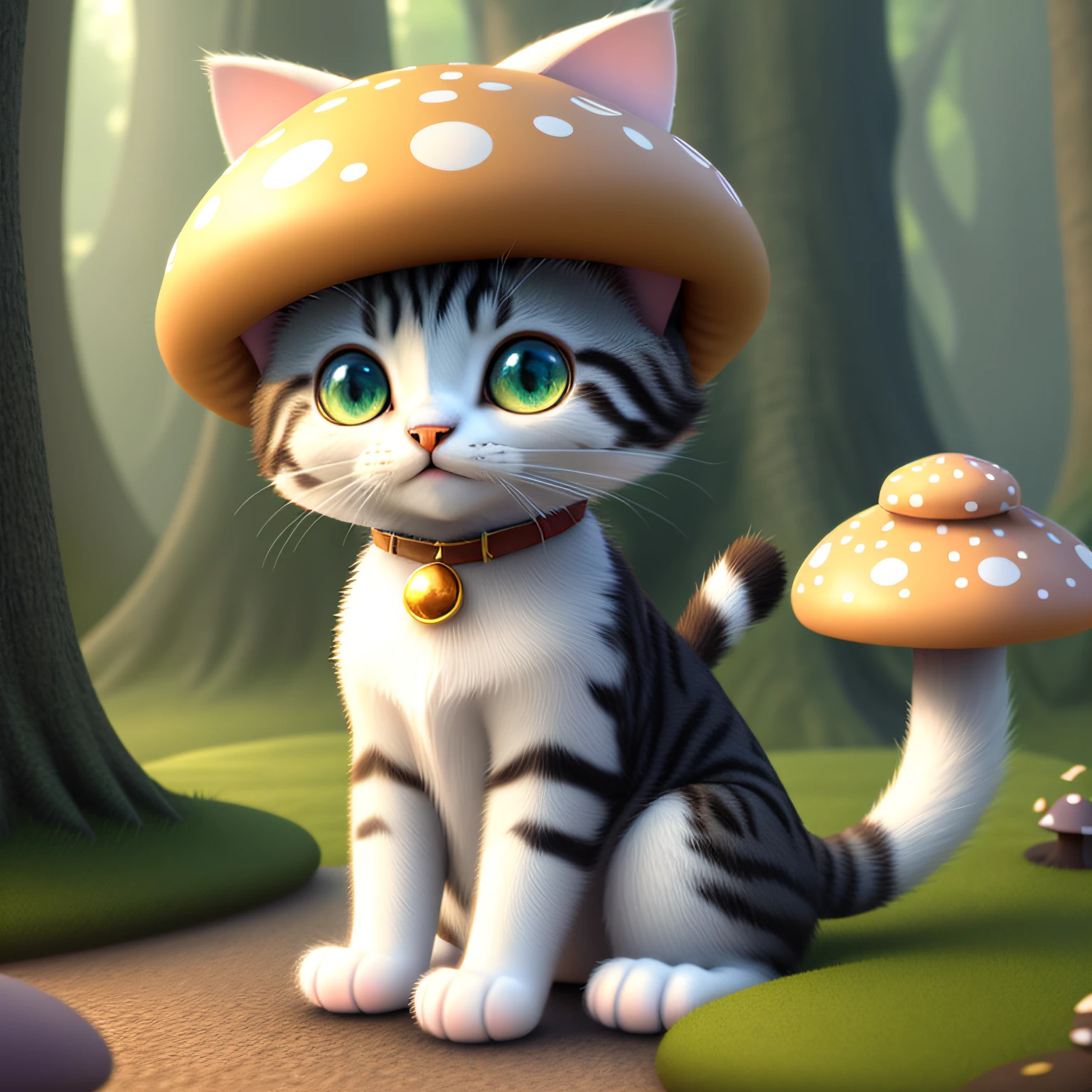 cute, fantasy, 3D animation, cat head and mushrooms fused,