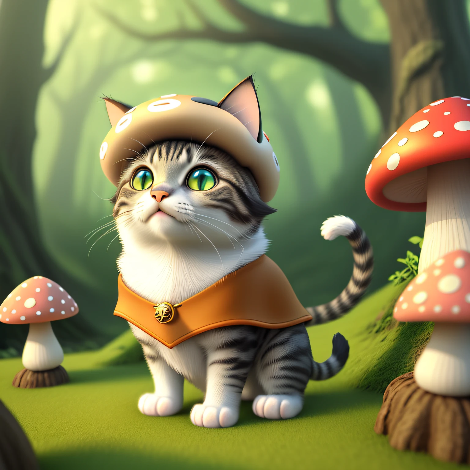 cute, fantasy, 3D animation, cat head and mushrooms fused,