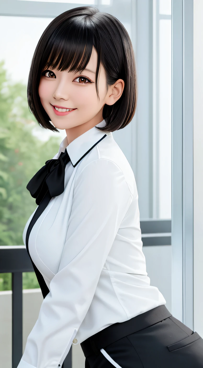 girl, one, best quality, beautiful, cute, shiny, breast-big, short-haired, masterpiece, uniform, black hair, big ass, smile