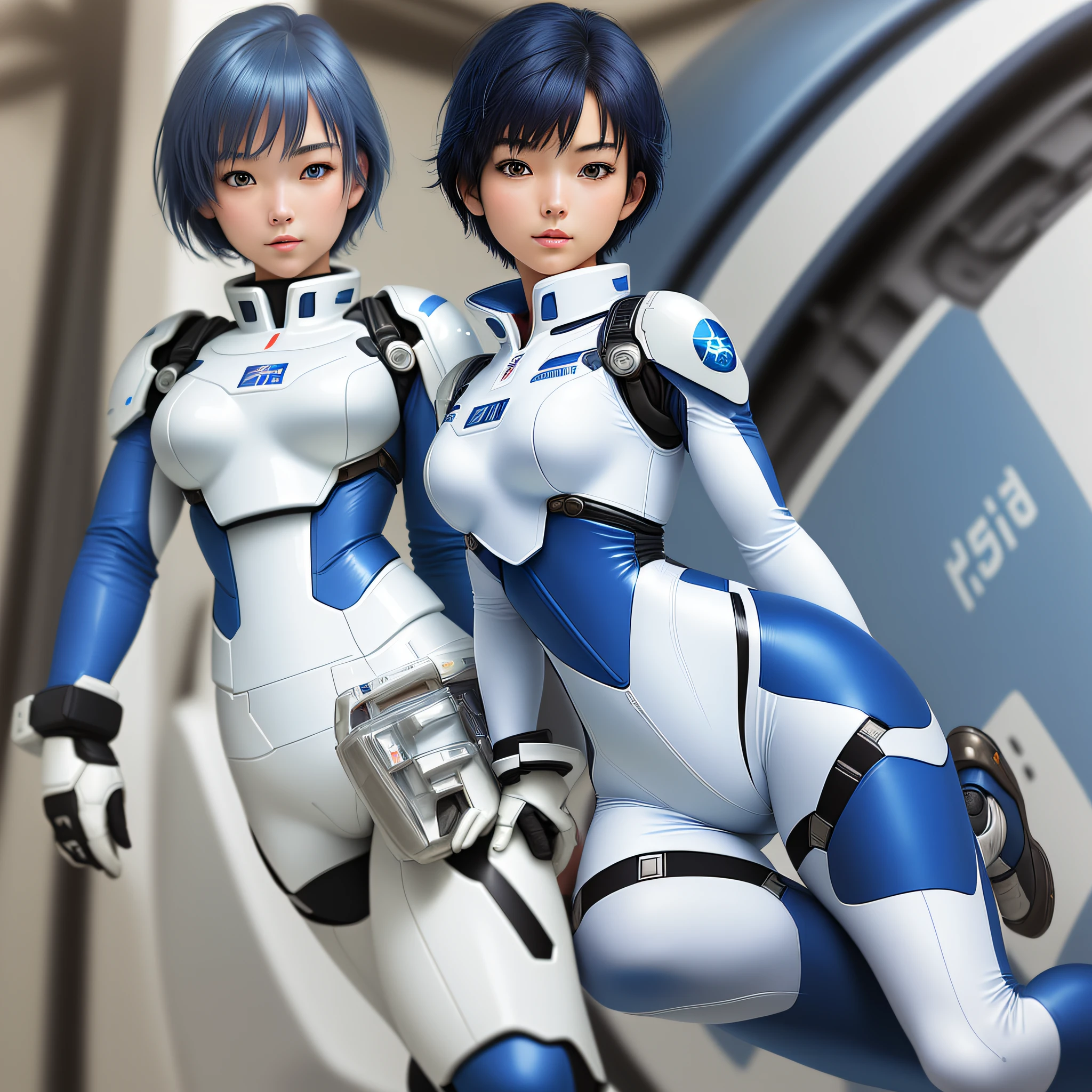 Masterpiece, highest quality, highest resolution, distinct_image): (Solo, Japan face, short blue-haired girl, full body figure, small breasts, sparkling blue colored eyes, pilot suit in white and blue color, tight fit clothes, clothes covering the whole body, beauty, vivacious, lovely, slim body, exoskeleton, gundam pilot)