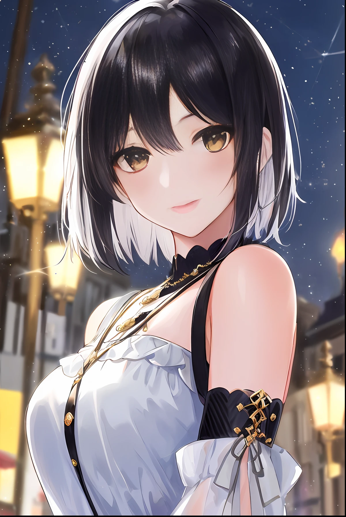 (halfbody shot,street lamps,moon),Masterpiece, 1girl, solo exhibition, beautiful woman on the bustling street, surrounded by hawkers, beautiful goddess girl portrait, beautiful and detailed face, porcelain skin, (((bust shot, center, night, black hair, short hair)), super soft lighting, symmetry, complexity, elegance, high detail, realism, art, concept art,