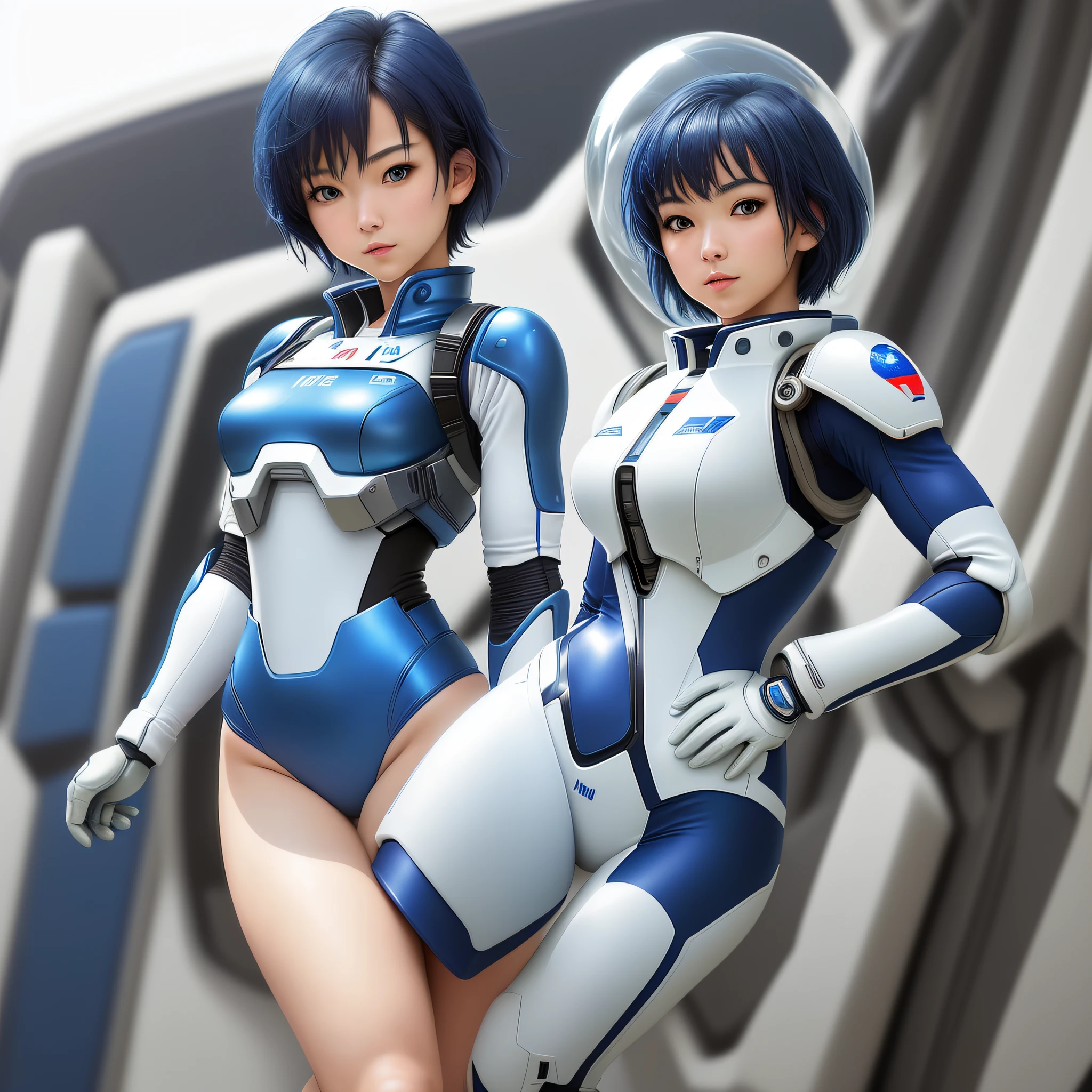 Masterpiece, highest quality, highest resolution, distinct_image): (Solo, Japan face, short blue-haired girl, full body figure, small breasts, sparkling blue colored eyes, pilot suit in white and blue color, tight fit clothes, clothes covering the whole body, beauty, vivacious, lovely, slim body, exoskeleton, gundam pilot)