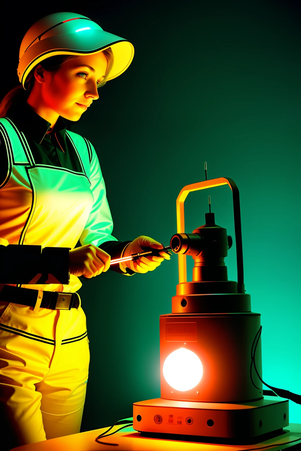 A Soviet woman repairs a robot, lab lights, futuristic background