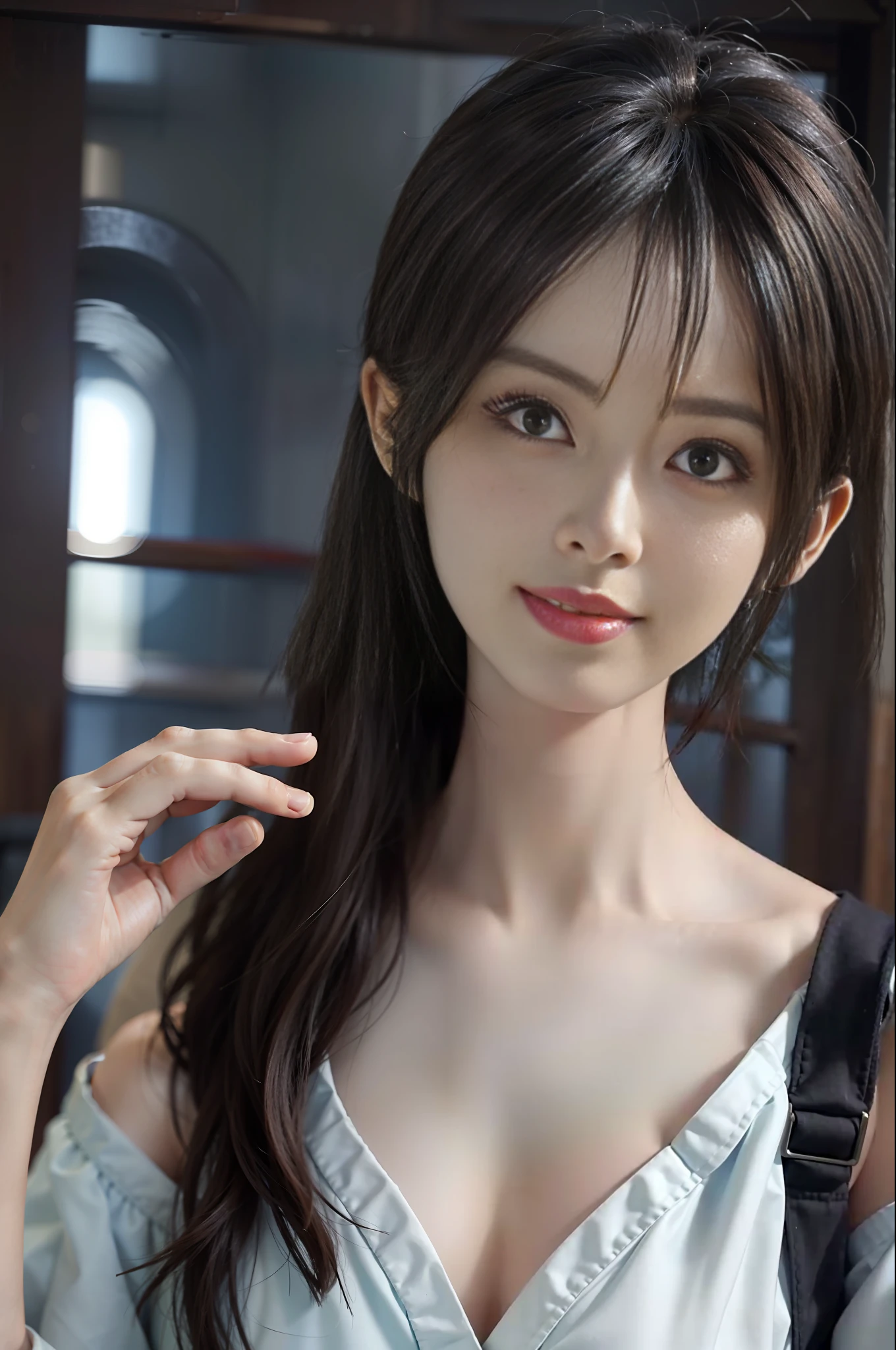 Masterpiece, best quality, 1girl, shoulders exposed, white shirt, close-up, gentle smile, soft light, Chinese architecture