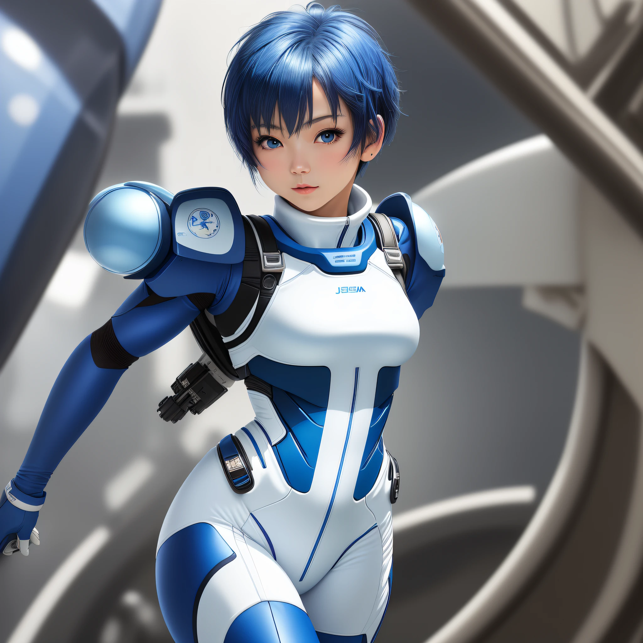 Masterpiece, highest quality, highest resolution, distinct_image): (Solo, Japan face, short blue haired girl, full body figure, small breasts, sparkling blue colored eyes, white and blue colored flight suit, tight fit clothes, full body covering clothes, beauty, vivacious, lovely, slim body, exoskeleton)