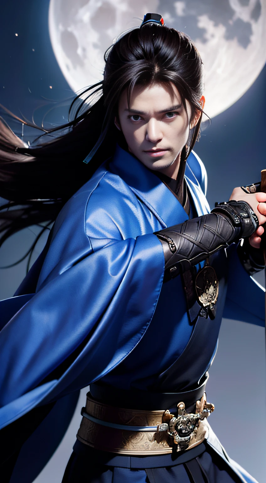 Close-up of a man holding a sword before the full moon, very handsome cyberpunk samurai, he holds a katana, inspired by Kogai Kano, male samurai, katana, holding a large sword, wearing a cloak, wearing a cloak. He holds a sword and swings a katana in a dramatic pose, (Ultra: 1.4)