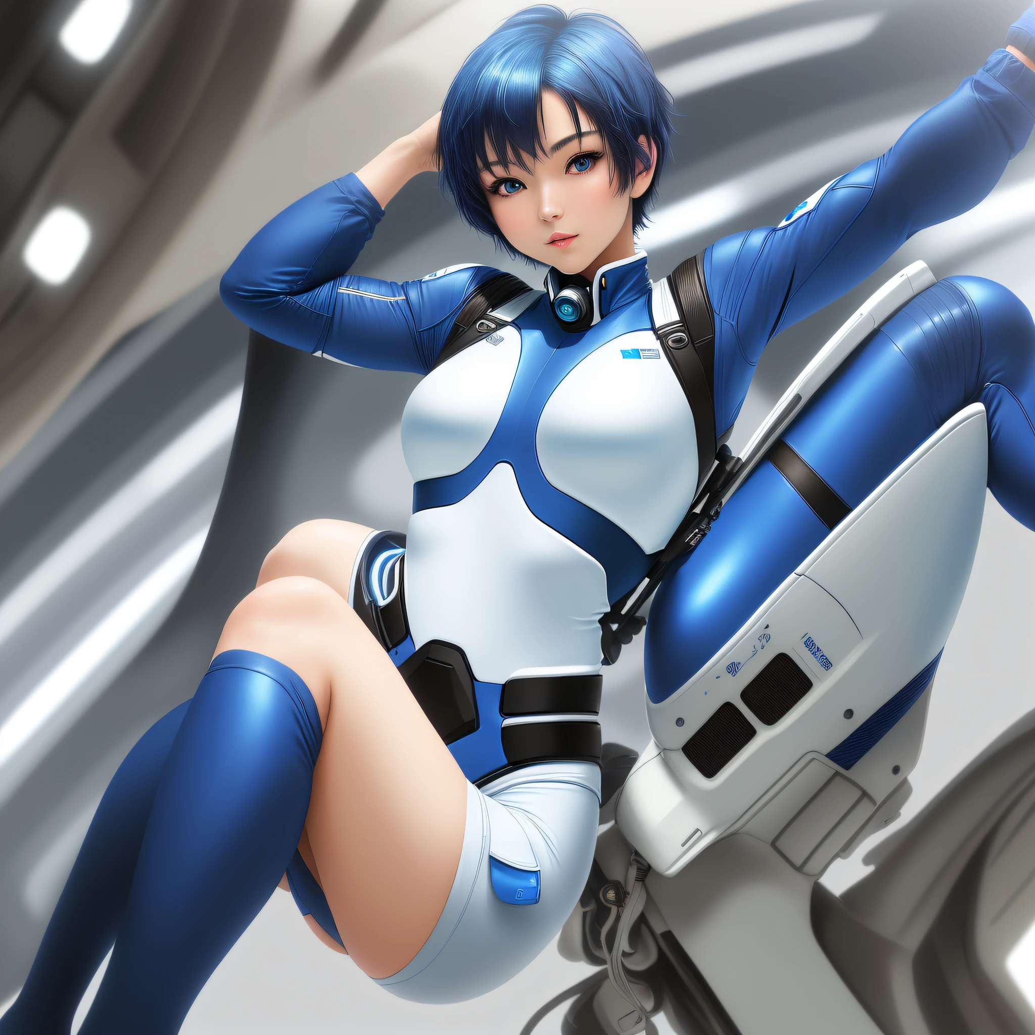 Masterpiece, highest quality, highest resolution, distinct_image): (Solo, Japan face, short blue haired girl, full body figure, small breasts, sparkling blue colored eyes, white and blue colored flight suit, tight fit clothes, full body covering clothes, beauty, vivacious, lovely, slim body, exoskeleton)