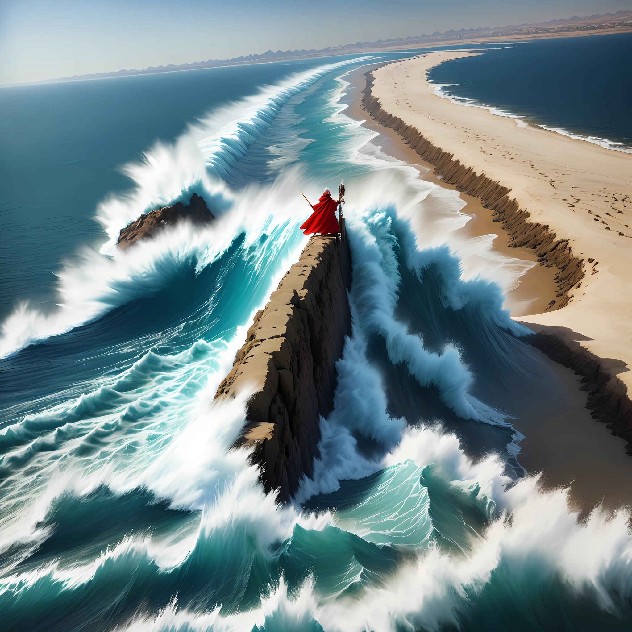 Realistic photo of Moses opening the red sea, aerial (camera) behind him showing the open sea, crowd of Israelites on his back waiting for the sea to open
